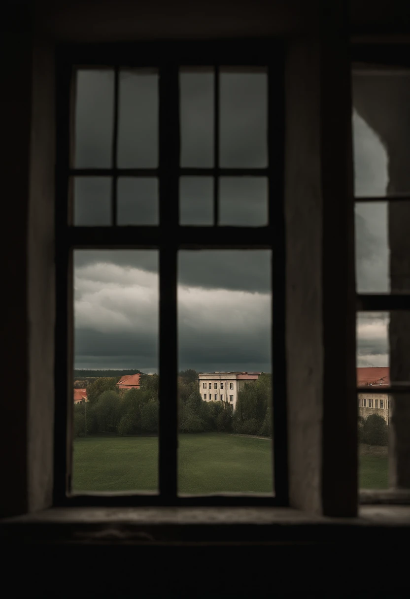 beautiful dark room with a communist large school window, outside the window is a Polish city, Boleslawiec, cloudy sky, 8k, high resolution,