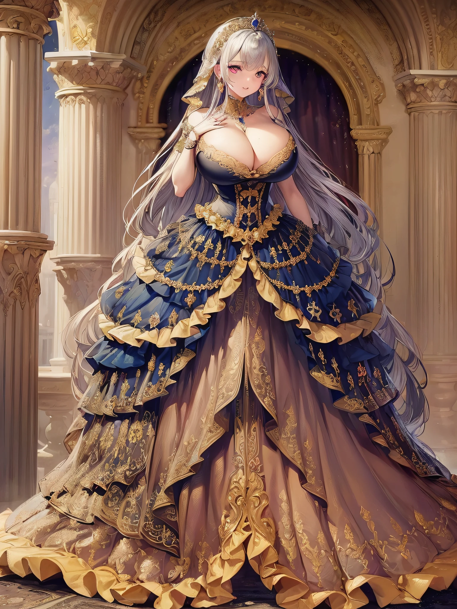 ((anime artstyle)),(Masterpiece),(Best Quality), (Super Detail),(Highly Detailed CG Unity 8k wallpaper),((Very Delicate and Beautiful)),cinematic lighting,1 girl,((full body portrait)),((standing in garden)),((solo)),(((1 fairytale princess in gorgeous embroidery and jeweled extremely gorgeous rococo princess ballgown with voluminous full length hoop skirt))),an hourglass waist,padded and corseted bodice,(((huge crinoline hoopskirt))),long train,((gorgeous embroidery and jeweled)),voluminous frills,See-through,(((extremely gigantic tits,skindentation))),cleavage,((absurdly Long Straight Hair,extremely voluminous Straight long Hair,absurdly Long Straight Hair)),(finely detailed face and eyes),(Blush,Smile),clear pupil,extremely gorgeousfull hair ornament,(bling-bling jeweled extremely gorgeousfull tiara),((bling-bling gorgeous gemstone jewelry)),gorgeous long veil,((ultra long gloves)),(beautiful background),(full body),((gorgeous embroidery and jeweled extremely gorgeous rococo princess ballgown with voluminous full length hoop skirt))