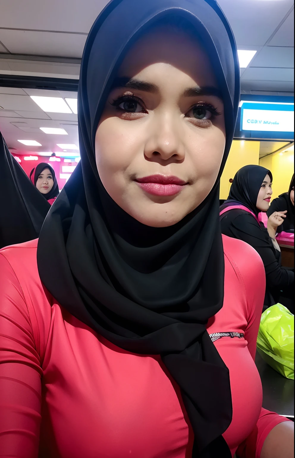 A photo of a young, nerdy malay woman in hijab sitting in a cafe with 1 malay men standing behind, wearing a pastel red lace bra and a bow, open leg, spread leg, surrounded by a cozy atmosphere, looking at the viewer.
Hijab, slender, red lips, transparent fabric, flirting with the camera