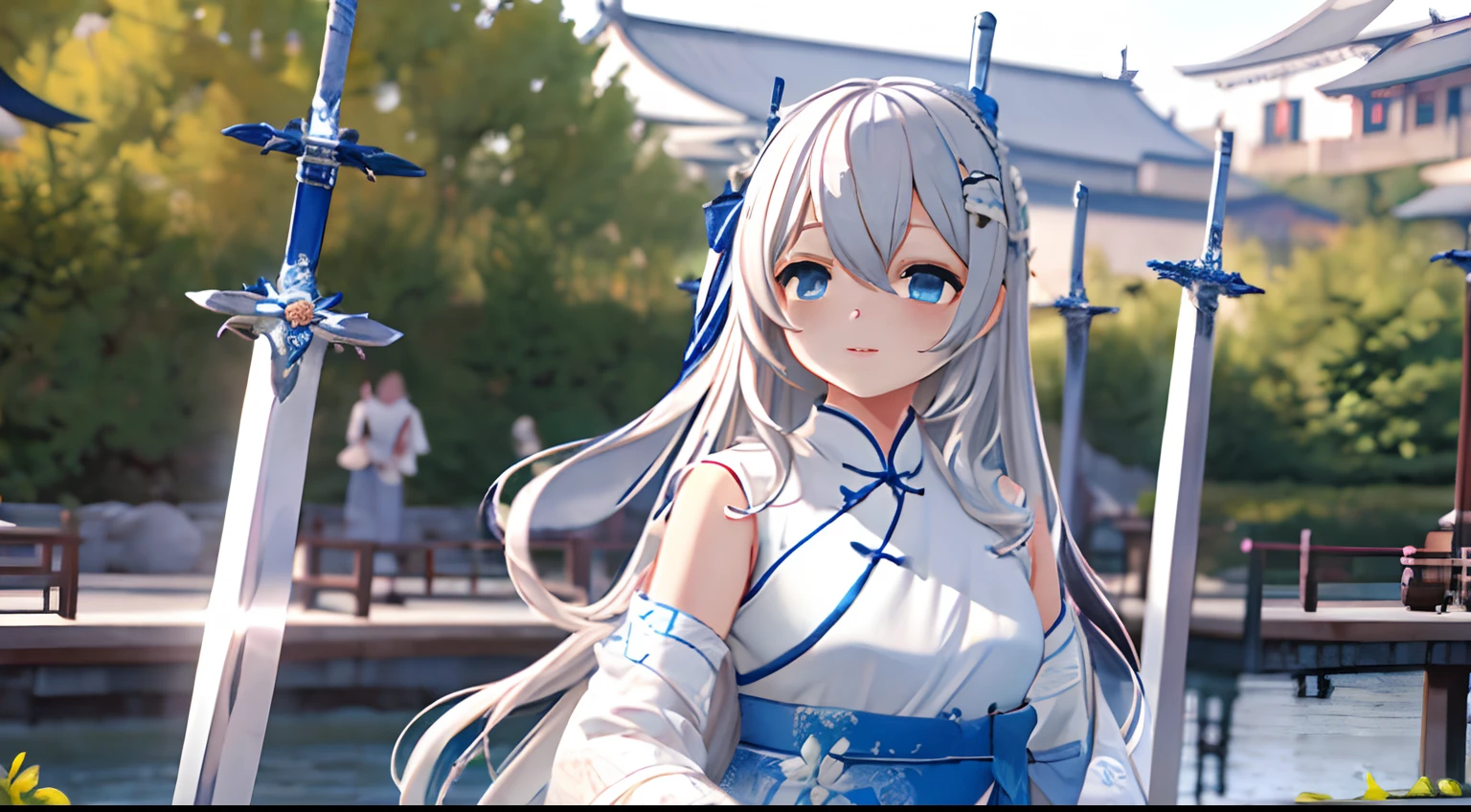 ((Best quality)), ((Masterpiece)), ((Ultra-detailed)), (illustration), (Detailed light), (An extremely delicate and beautiful),A charming young girl,long  white hair,Blue sky,(Chinese Garden),(Sword dance)