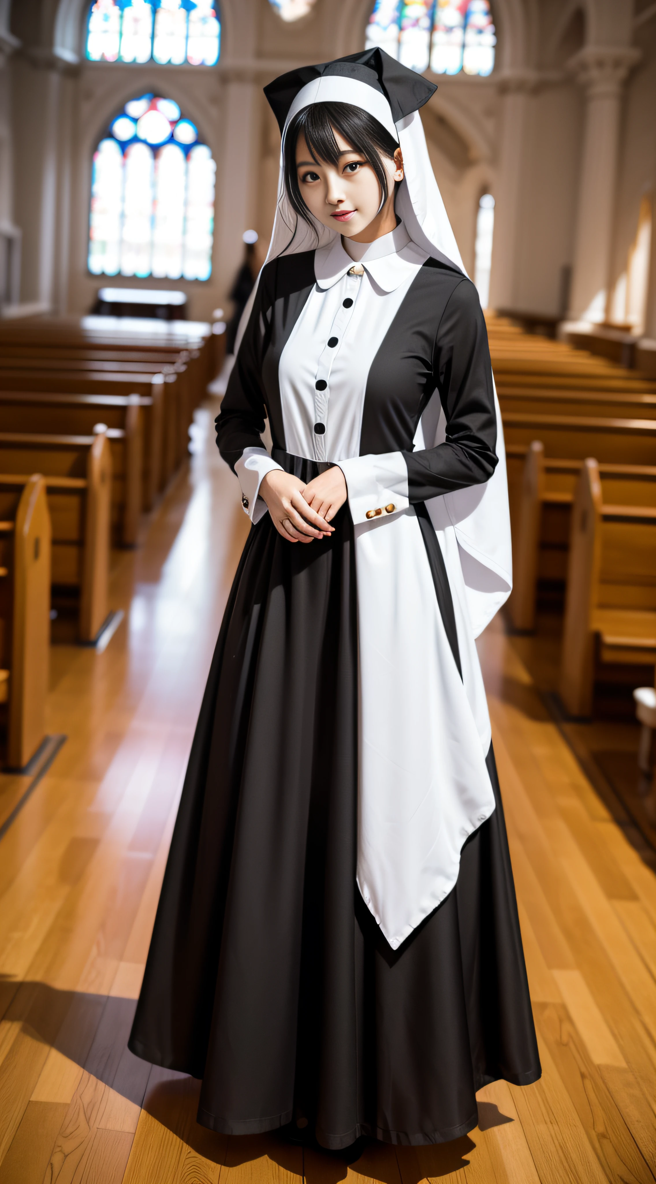 （（（Nuns wearing nun dresses and nun hats in church））），（（Clothing that exposes））Works of masters，Best image quality，Higher quality，high detal，超高分辨率，8K分辨率，perfect hand，full body shot shot，Exquisite facial features，s the perfect face，Glowing skin，（真实感：1.4），