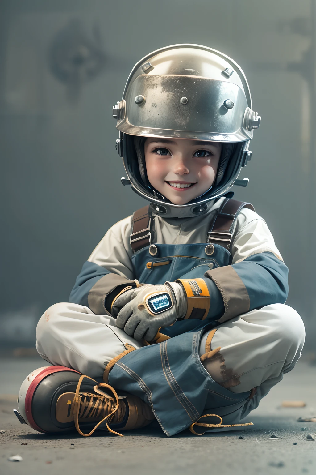  boy, dressed as a welder, sitting cross-legged, smiling, with white gloves, ultra-realistic helmet, cinematic, 4k, front view
