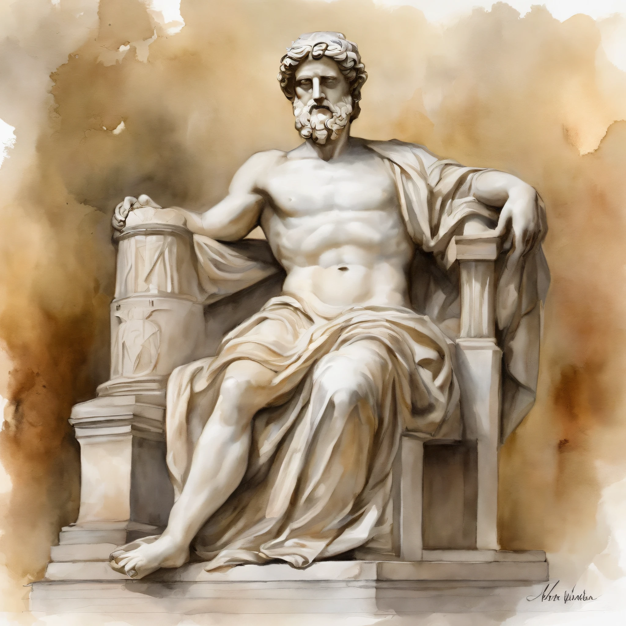 "Por favor, Create a horizontal image where the left side contains a classical Greek statue with traces of wisdom and serenity. No lado direito da imagem, insira a palavra 'estoicismo' em uma fonte elegante que transmita um senso de tranquilidade. Make sure the statue and word are in visual harmony, Creating an Artistic Representation of the Concept of Stoicism."