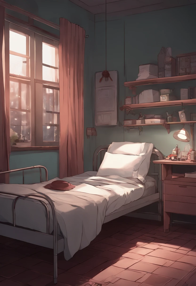 (Masterpiece), (perfect), (perfect) anime style, cartoon, Sarah enfermera, cabello rosa, Enter a hospital room, oscura donde yace, en una cama un paciente misterioso, Alex quien es vampiro, who appears pale and weakened