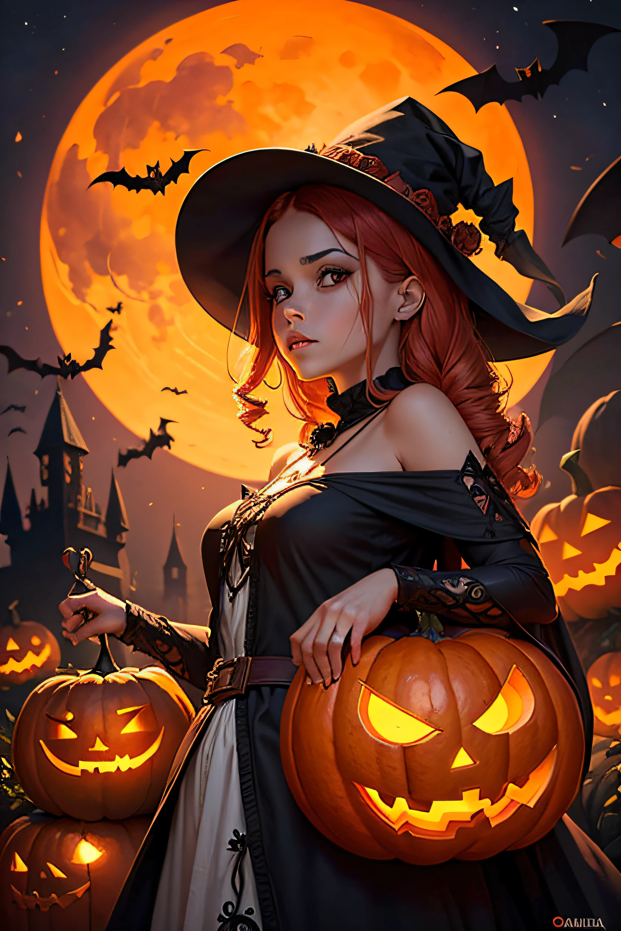 Cartel de Halloween, calabaza, Bats, ramas gigantes marchitas, Luna Roja, Trazado de rayos, Cofres apilados, castillo