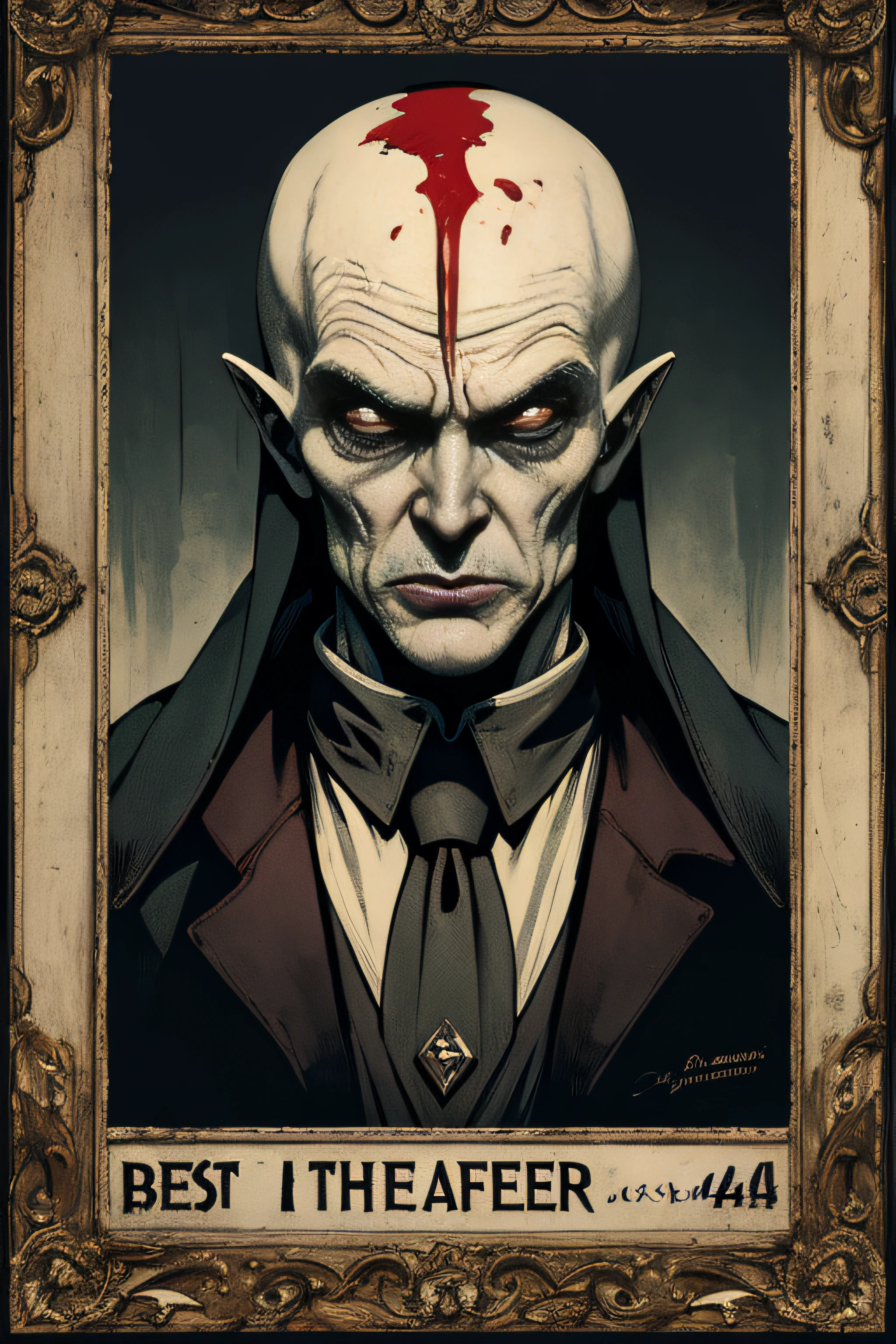 (Masterpiece, Best Quality), 8k Wallpaper, highly detailed, poster, Nosferatu, Count Orlak, vintage horror, 1940s, gothic horror thriller cinematic movie poster, Bauhaus, shapes, lines, abstract, propaganda, gothic, movie poster, vintage, blood, vampire, horror, low angle shot.
