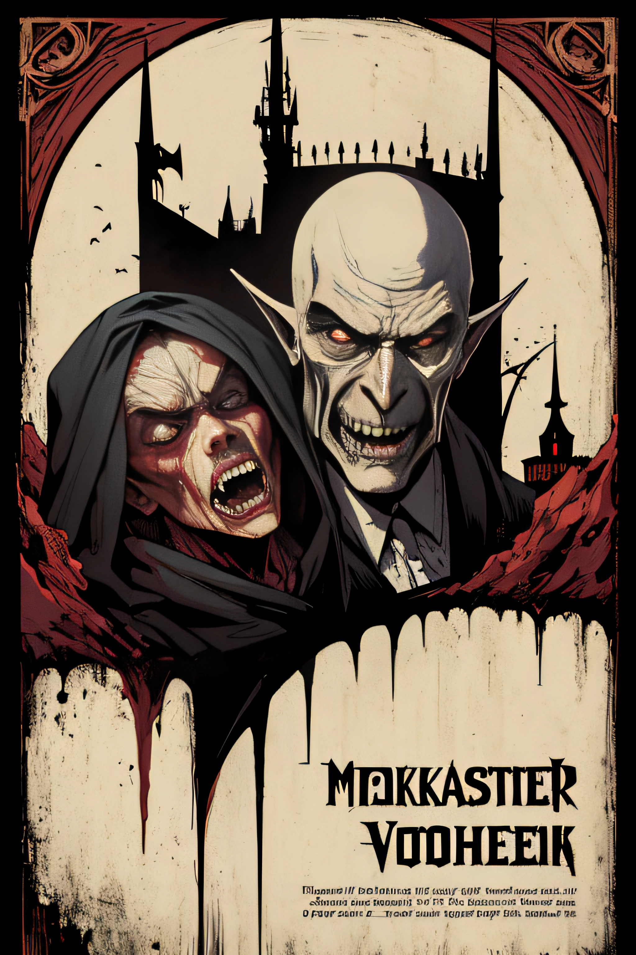 (Masterpiece, Best Quality), 8k Wallpaper, highly detailed, poster, Nosferatu, Count Orlak, vintage horror, 1940s, gothic horror thriller cinematic movie poster, Bauhaus, shapes, lines, abstract, propaganda, gothic, movie poster, vintage, blood, vampire, horror, low angle shot.