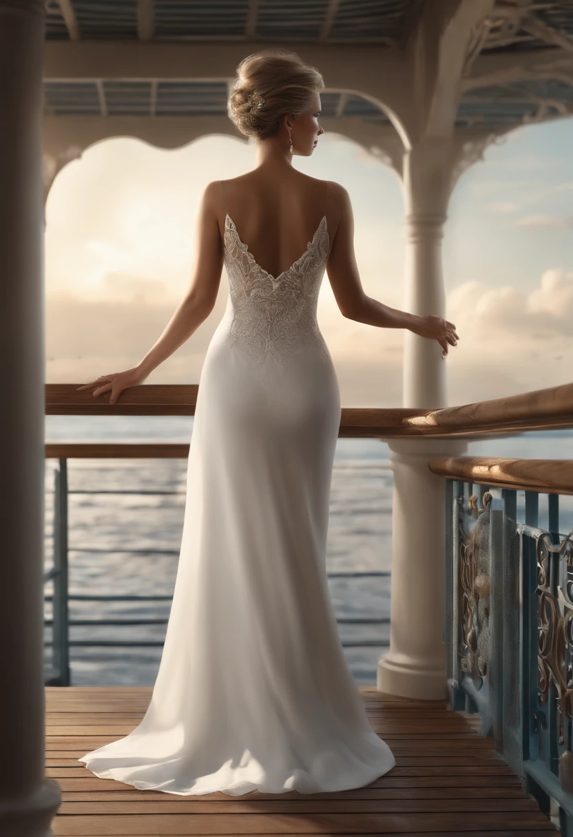 Sultry elegance of an older woman in a very exciting white beautiful dress, Standing on tiptoe, on a pier, white calm in the distance, setting shoyu, Ultra detailed illustration of a woman, Realistic view from the sea, she has a very beautiful figure like a young window girl, cinematic, detailed character portrait, ++detailed and complex environment, strong wind, ++, hyper realistic, 4k, 4k eyes, 4k face,