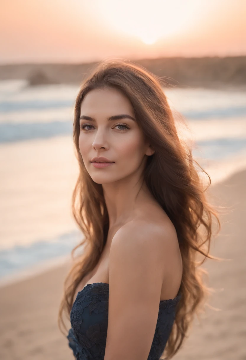 pregnant woman in (dress printed with striped),Coastal beauty,(long hair), (bright eyes, sun-kissed skin, carefree expression),sandy beach background, lighthouse, gentle sea breeze,golden hour lighting, blurred background, rich colors, fine details, hyperrealistic, relaxed atmosphere. natural blurry