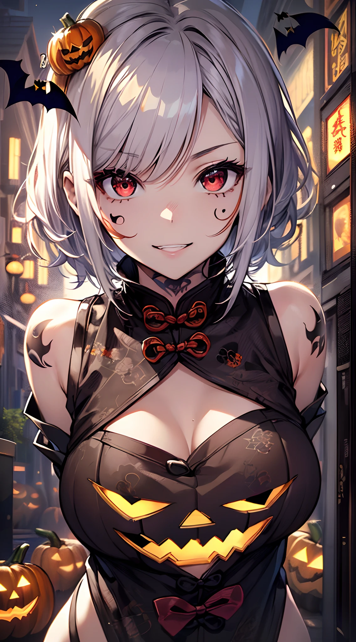 top-quality、Top image quality、in 8K,4K,masterpiece、(NSFW:1.1)、ultra-detailliert、Beautiful、ultra-quality、adult-like、Cool、girl with(((18year old、Halloween Costumes、Cheongsam 1:3、Bust 78、silber hair、a short bob、Red Eyes、erotick:1.4、Happiness、The tattoo)))、hiquality、visualart、Background with((Halloween 1.3))、masutepiece
