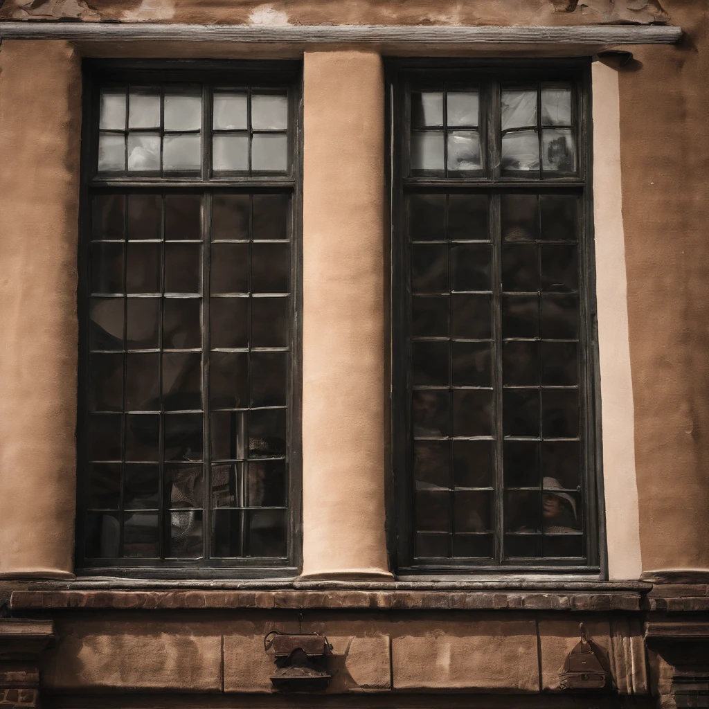 beautiful dark room with a communist large school window, outside the window is a Polish city, Boleslawiec, cloudy sky, 8k, high resolution,