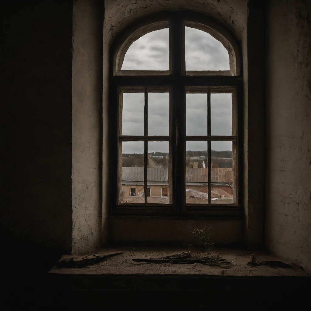 beautiful dark room with a communist large school window, outside the window is a Polish city, Boleslawiec, cloudy sky, 8k, high resolution,
