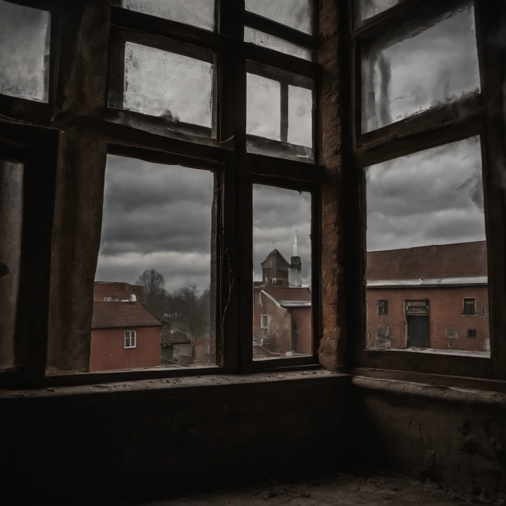 beautiful dark room with a communist large school window, outside the window is a Polish city, Boleslawiec, cloudy sky, 8k, high resolution,
