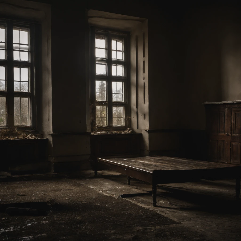 beautiful dark room with a communist large school window, outside the window is a Polish city, Boleslawiec, cloudy sky, 8k, high resolution,