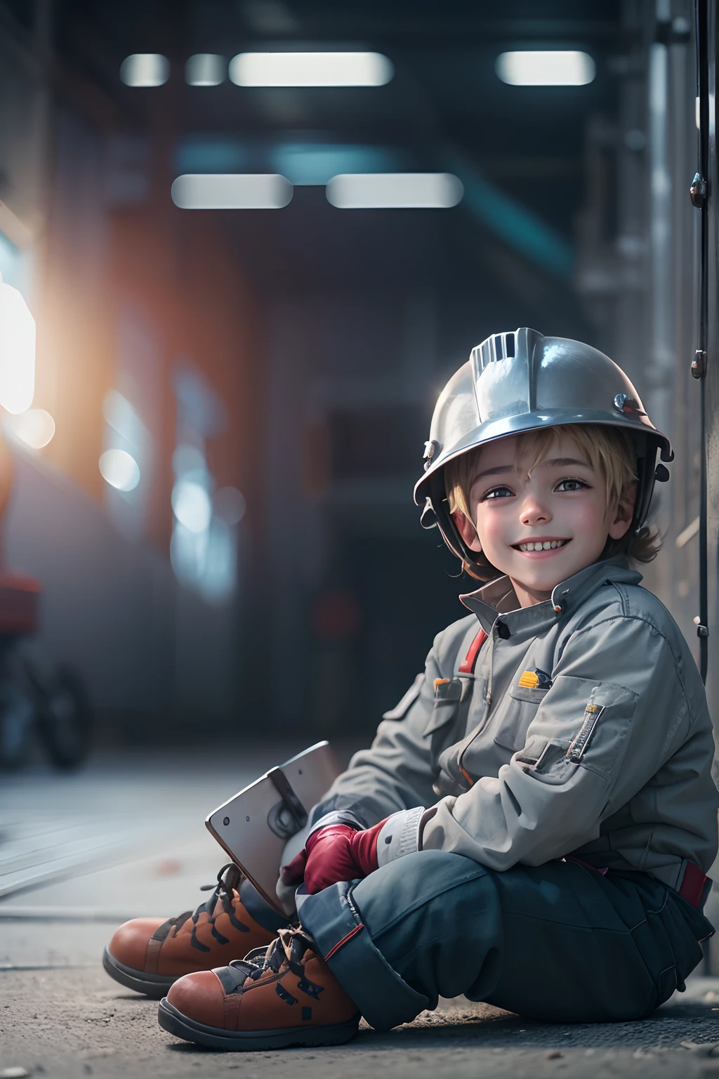 child boy, dressed as a welder, sitting cross-legged, smiling, with white gloves, ultra-realistic helmet, cinematic, 4k, front view