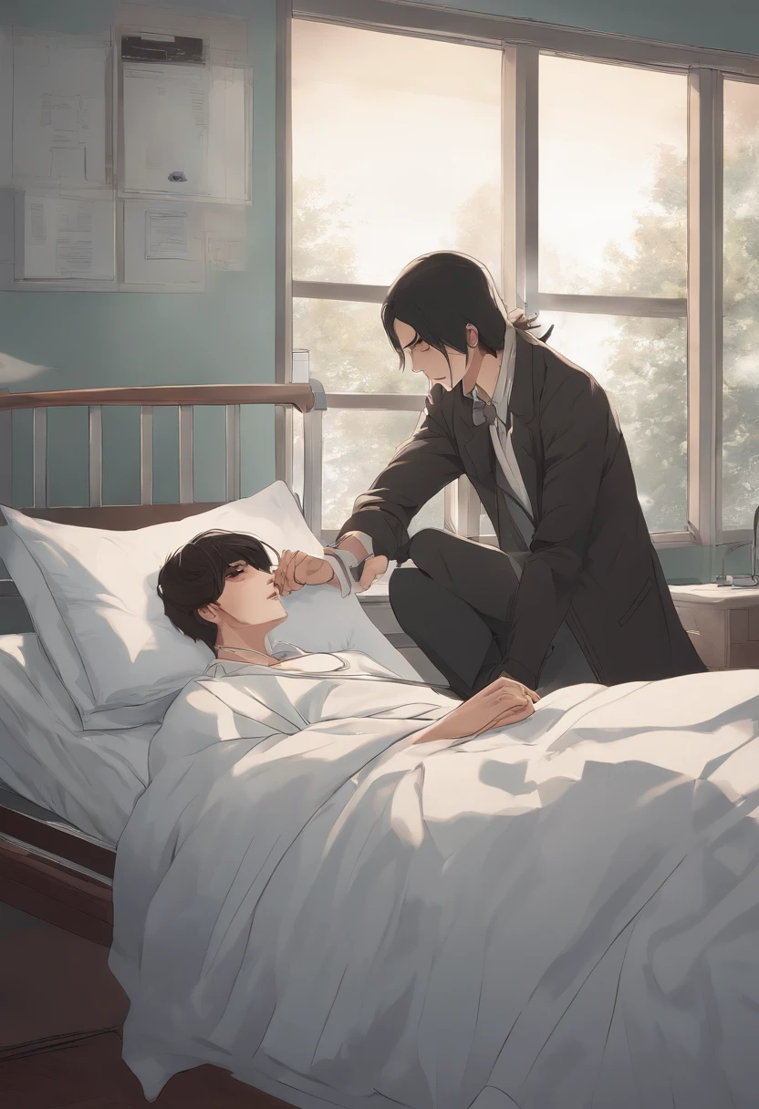 (Masterpiece), (perfect), (perfect) anime style, cartoon, donde yace, en una cama de hospital un paciente misterioso, Alex quien es vampiro, who appears pale and weakened