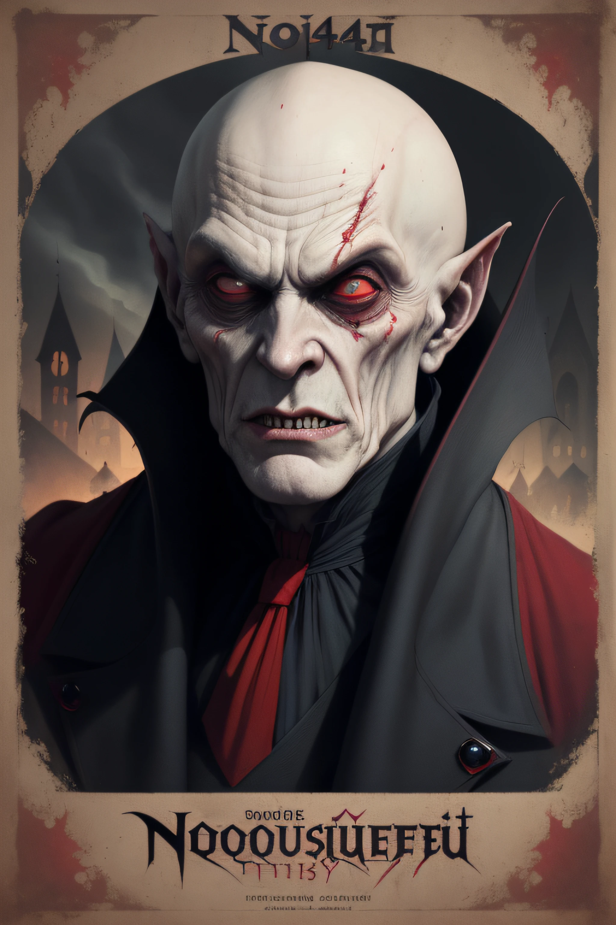 (Masterpiece, Best Quality), 8k Wallpaper, highly detailed, poster, Nosferatu, Count Orlak, vintage horror, 1940s, gothic horror thriller cinematic movie poster, Bauhaus, shapes, lines, abstract, propaganda, gothic, movie poster, vintage, blood, vampire, horror, low angle shot.