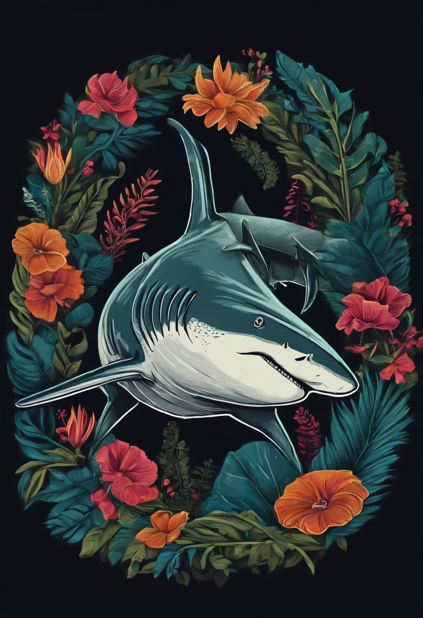 /imagine prompt: Shark illustration for a sticker with a black background, em negrito estilo de contorno, bordas irregulares, Lixo, sombreamento claro --v 5.