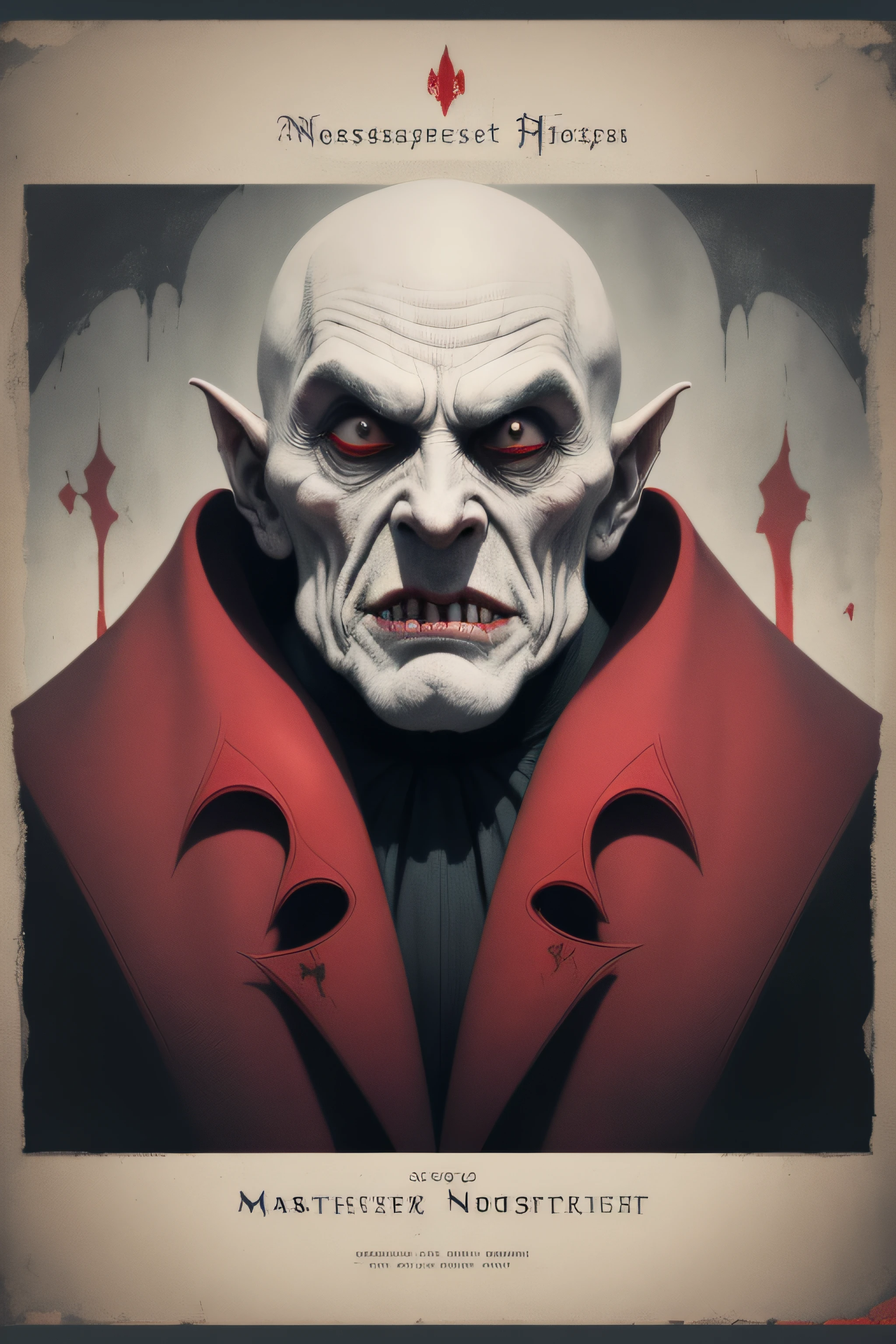 (Masterpiece, Best Quality), 8k Wallpaper, highly detailed, poster, Nosferatu, Count Orlak, vintage horror, 1940s, gothic horror thriller cinematic movie poster, Bauhaus, shapes, lines, abstract, propaganda, gothic, movie poster, vintage, blood, vampire, horror, low angle shot.