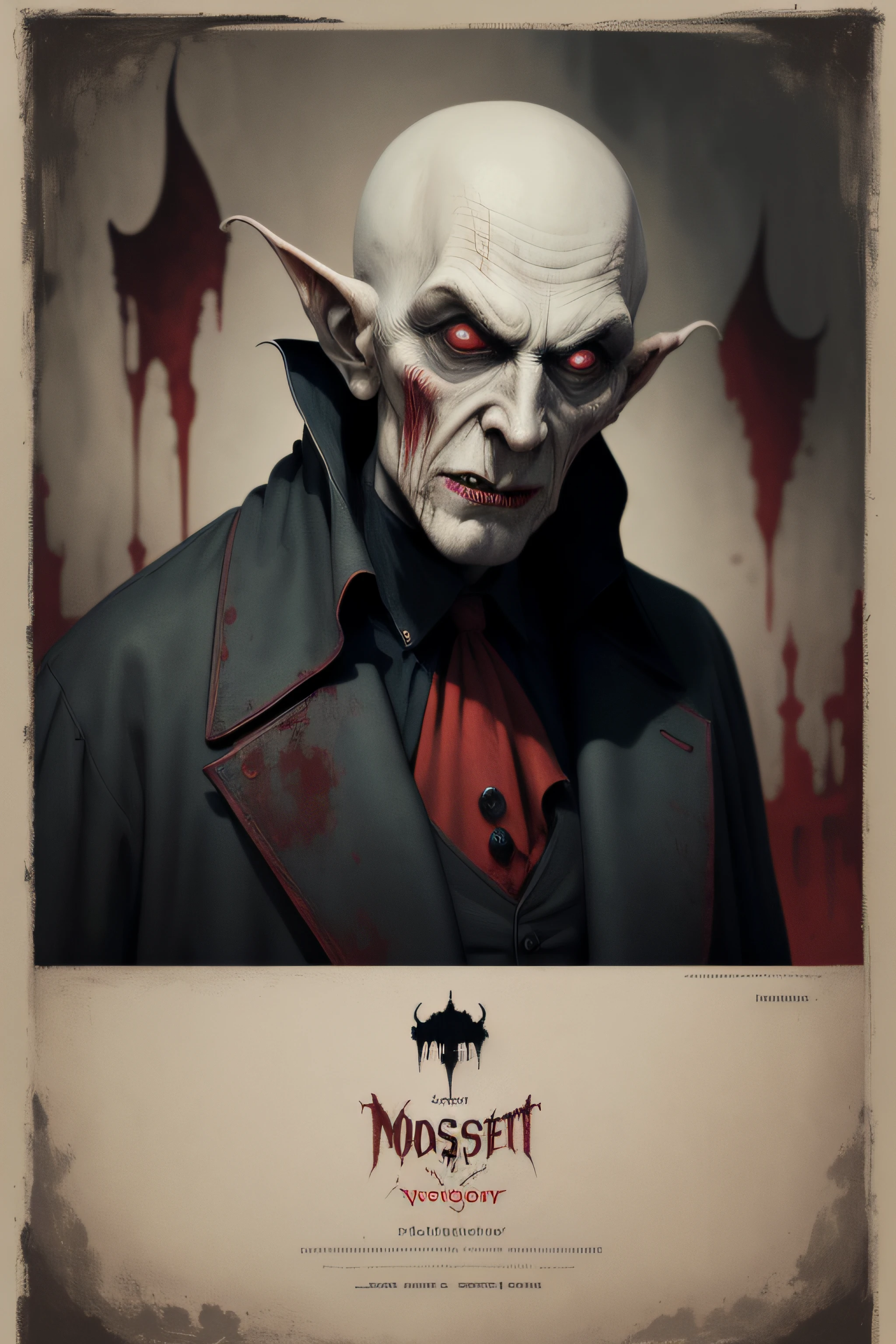 (Masterpiece, Best Quality), 8k Wallpaper, highly detailed, poster, Nosferatu, Count Orlak, vintage horror, 1940s, gothic horror thriller cinematic movie poster, Bauhaus, shapes, lines, abstract, propaganda, gothic, movie poster, vintage, blood, vampire, horror, low angle shot.