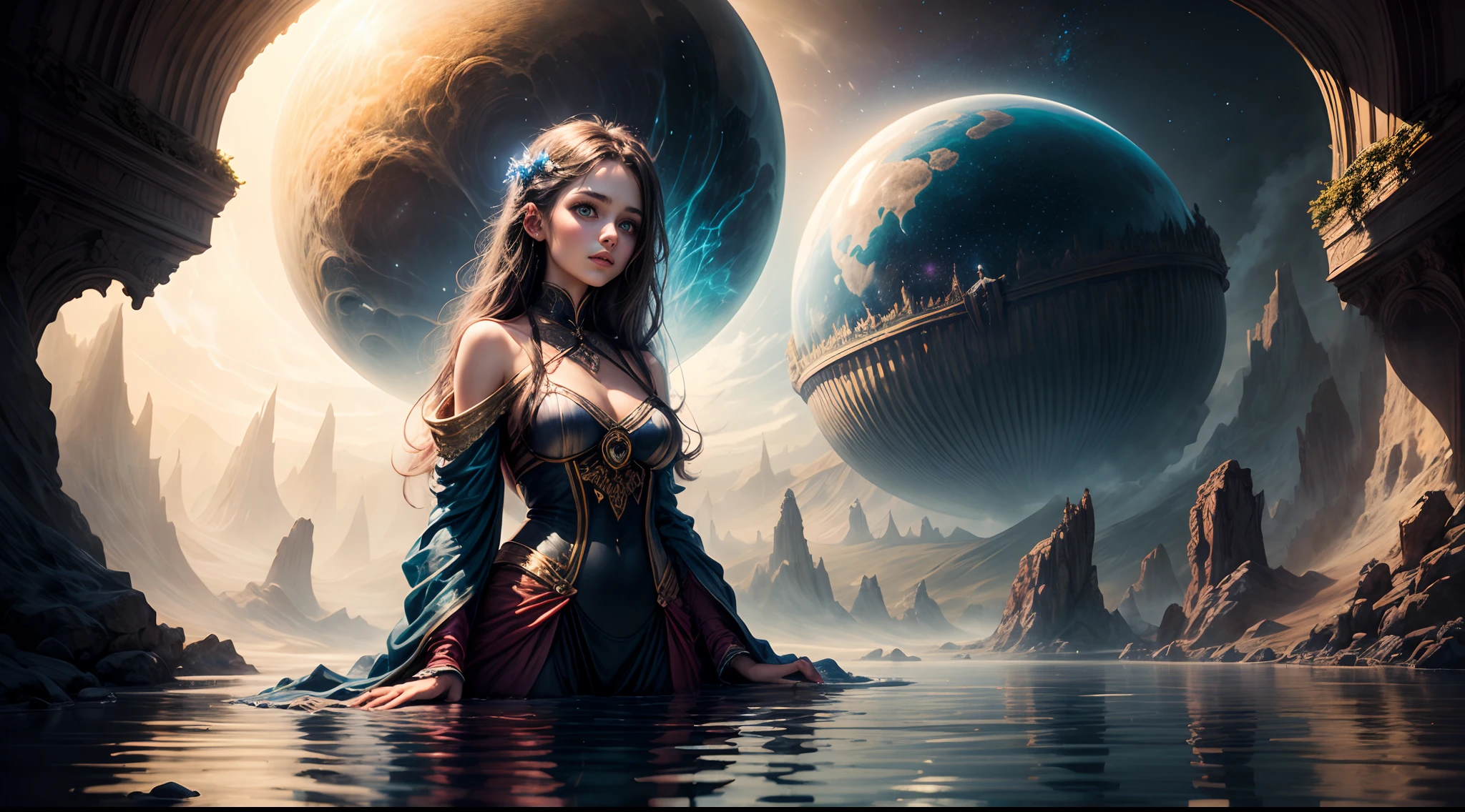 Painting: An enchanting artwork portraying a girl wearing silk, standing at the edge of a mystical pool, surrounded by swirling enchantments, with the distant planet casting an ethereal light upon her.