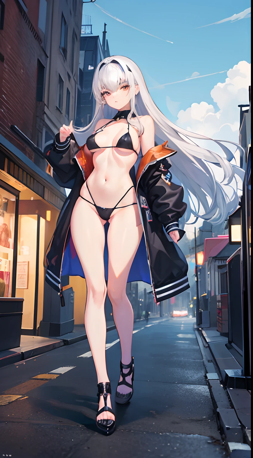 (best quality,4k,masterpiece:1.2),anime girl in a wet bikini with silver hair and orange eyes, surrounded by a vibrant city background. The girl is standing in the middle of the town, with her full body showcased in the composition. She has beautiful detailed eyes that captivate the viewer's attention, and her lips are perfectly accentuated. The silver hair flows elegantly around her face, highlighting her unique charm. The city background is filled with towering buildings and bustling streets, creating a sense of energy and dynamism. The image is super detail-oriented, allowing for every intricate feature to be carefully rendered. The focus is on capturing the precise details of the girl, from the strands of hair to the folds of the bikini, ensuring a stunning level of realism. The artwork is a masterpiece, created with utmost precision and finesse. The color palette enhances the overall vibrancy of the scene, with vivid colors and contrasting tones. The lighting is expertly crafted, illuminating the girl's features and creating a captivating visual atmosphere. This prompt guarantees an ultra-detailed, realistic, and visually striking image.