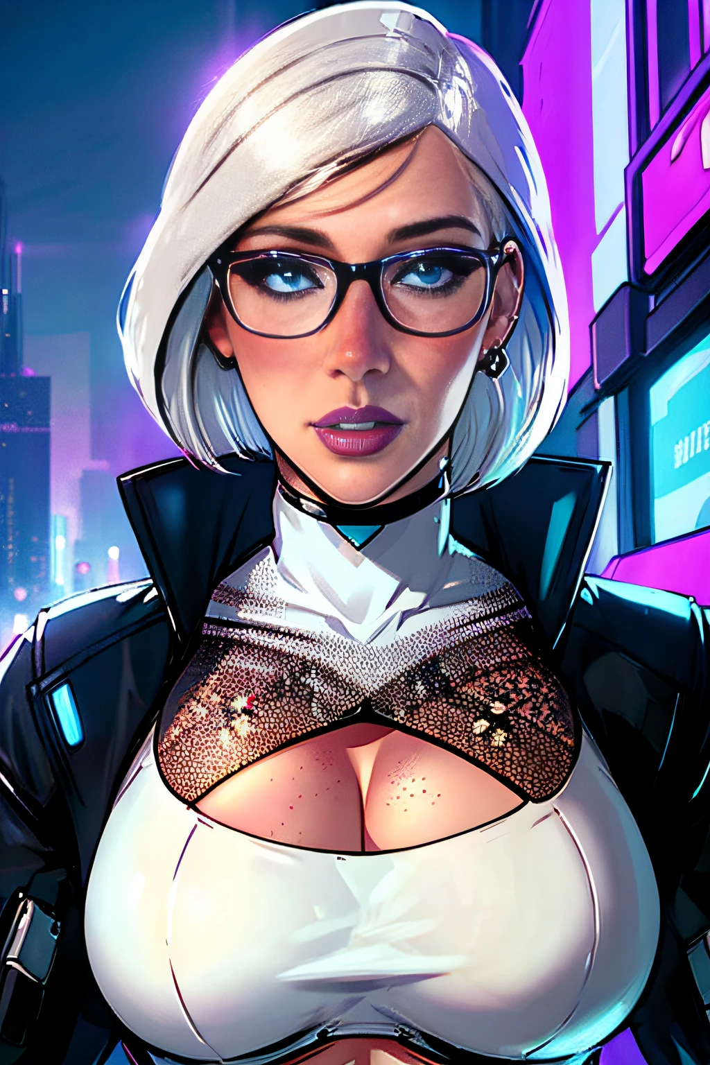 ch3rryg1g, (portrait of beautiful white Woman), stunning, gorgeous, 1 Girl, large Boobs, bob cut, white hair, (cyberpunk outfit, cleavage), blue eye color: 1.5, ((freckles)), ((glasses)), Perfect Body, Ultra Detailed Face, Detailed Lips, Fine Eyes, double eyelids, painted nails, earrings, colored lipstick, detailed hand, full lips, cyberpunk city background.