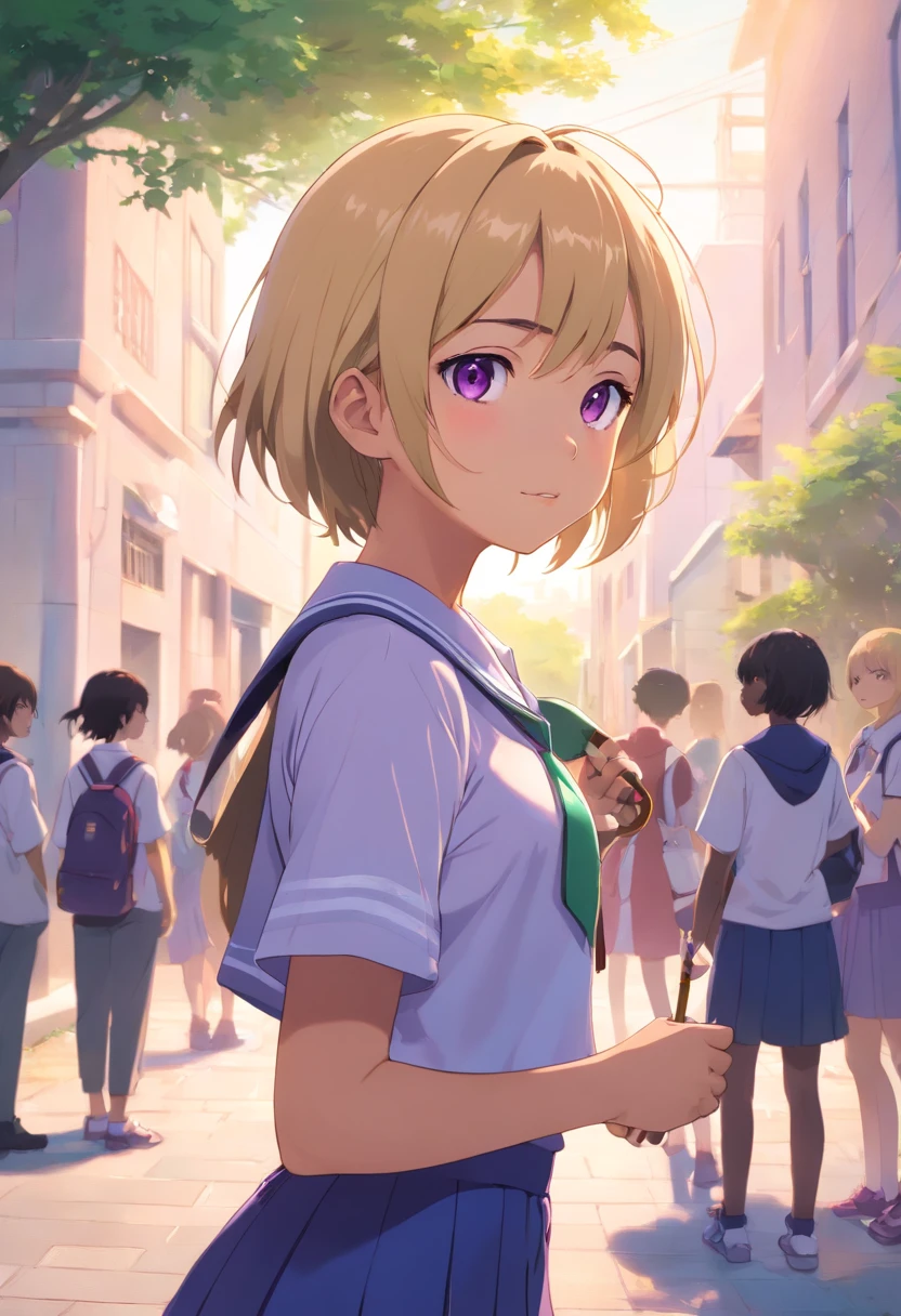 "Teenage girl, brown skin, of African-American descent, short blonde hair at shoulder length, violet eyes, wearing a magic school uniform, holding a mystical scepter to channel her magic. She has a sad expression. She is in the school courtyard, with students visible in the background; blur them to make the girl stand out. A group of girls is chatting and laughing nearby, but not too close to her."