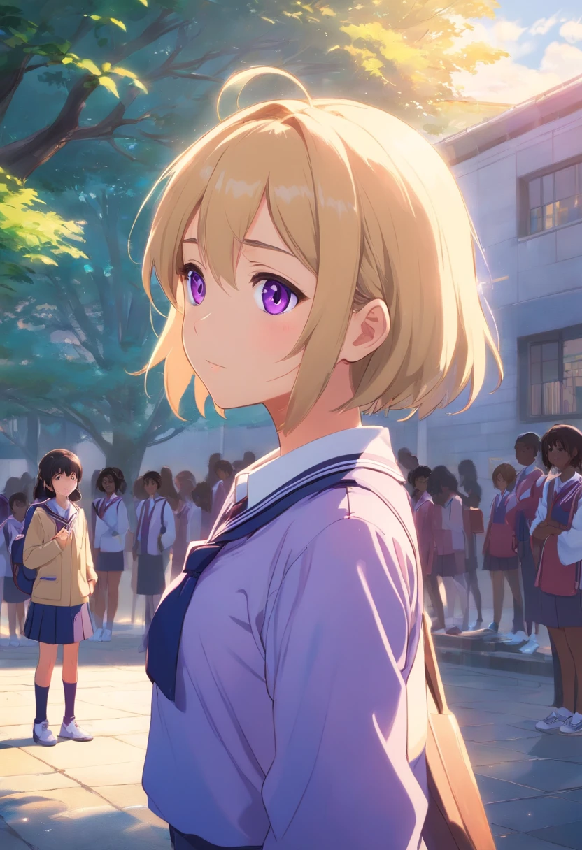 "Teenage girl, brown skin, of African-American descent, short blonde hair at shoulder length, violet eyes, wearing a magic school uniform, holding a mystical scepter to channel her magic. She has a sad expression. She is in the school courtyard, with students visible in the background; blur them to make the girl stand out. A group of girls is chatting and laughing nearby, but not too close to her."