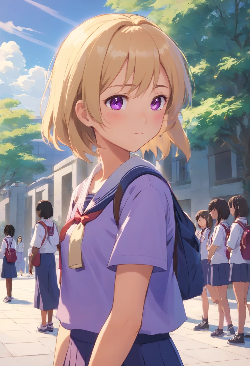 "Teenage girl, brown skin, of African-American descent, short blonde hair at shoulder length, violet eyes, wearing a magic school uniform, holding a mystical scepter to channel her magic. She has a sad expression. She is in the school courtyard, with students visible in the background; blur them to make the girl stand out. A group of girls is chatting and laughing nearby, but not too close to her."