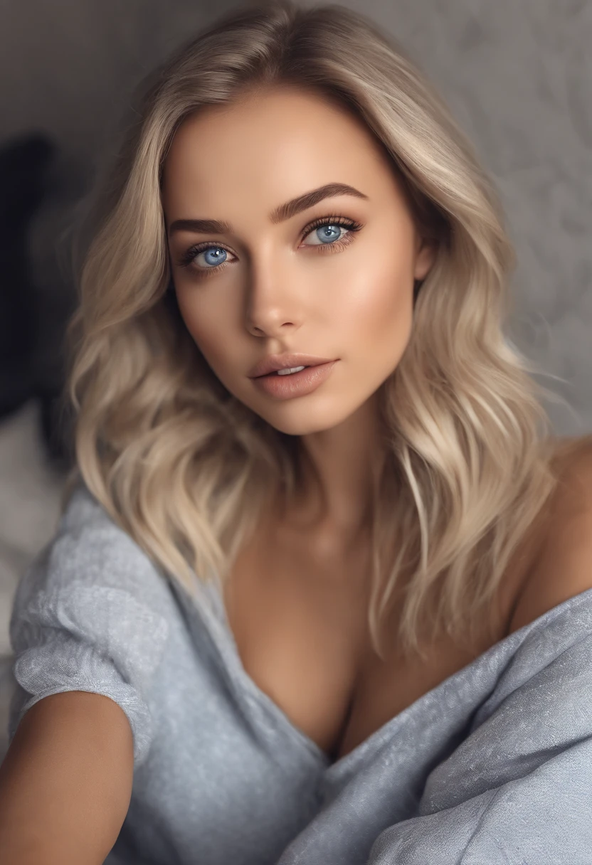 arafed woman fully , sexy girl with blue eyes, ultra realistic, meticulously detailed, portrait sophie mudd, blonde hair and large eyes, selfie of a young woman, bedroom eyes, violet myers, without makeup, natural makeup, looking directly at the camera, face with artgram, subtle makeup, stunning full body shot kneeling on bed, in bedroom,large size bust