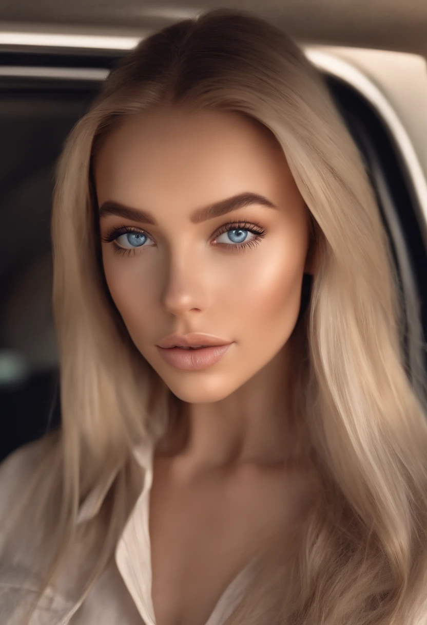 arafed woman fully , sexy girl with blue eyes, ultra realistic, meticulously detailed, portrait sophie mudd, blonde hair and large eyes, selfie of a young woman, bedroom eyes, violet myers, without makeup, natural makeup, looking directly at the camera, face with artgram, subtle makeup, stunning full body shot kneeling in the car, large size bust