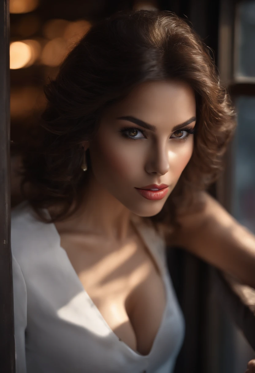 ((Best quality, 8k, Masterpiece :1.3)), Sharp focus :1.2, A pretty woman with perfect figure :1.4, Slender abs :1.2, ((Dark brown hair, Big breasts :1.2)), (Natural light, City street:1.1), Highly detailed face and skin texture, Detailed eyes, Double eyelid