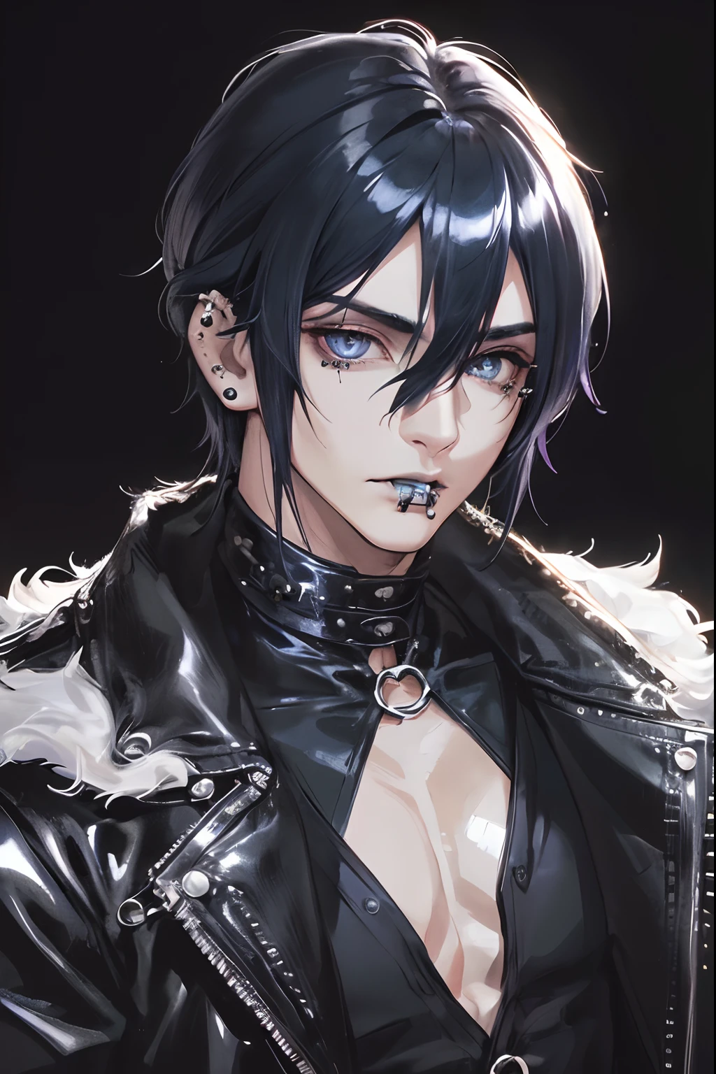 photography of a sexy man, a solo man, (((man))), (masculine face), 40 years old, demon, bad boy, (blue eyes), expressive look, blue hair, white bangs, black lips, (((piercings))), (ear piercings), (gotjic style), japanese style, ((((visual kei))), (((dark background))), shine hair, unshaven, black clothes, long sleve jacket, super detailed face, perfect body, perfect shapes, realistic image, award winning photography, 8k, (((perfect shiny eyes)))