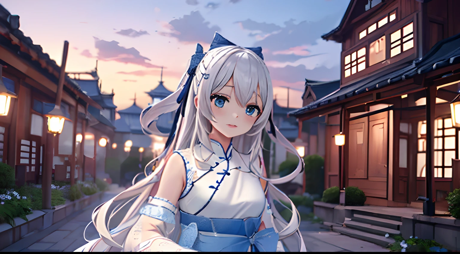 ((Best quality)), ((Masterpiece)), ((Ultra-detailed)), (illustration), (Detailed light), (An extremely delicate and beautiful),A charming young girl,long  white hair,Blue sky,(Chinese Garden),(Sword dance)