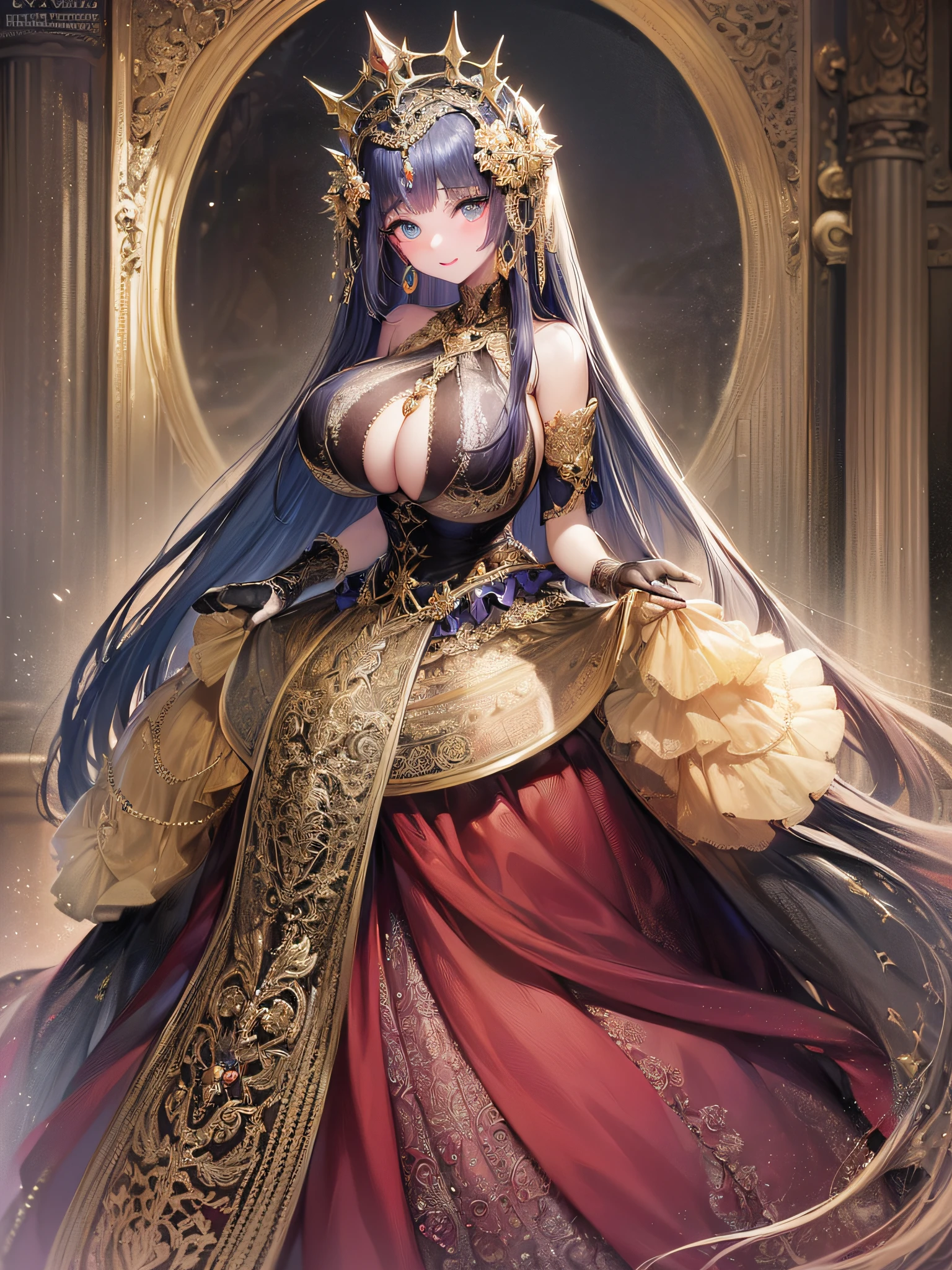 ((anime artstyle)),(Masterpiece),(Best Quality), (Super Detail),(Highly Detailed CG Unity 8k wallpaper),((Very Delicate and Beautiful)),cinematic lighting,1 girl,((full body portrait)),((standing in garden)),((solo)),(((1 fairytale princess in gorgeous embroidery and jeweled extremely gorgeous rococo princess ballgown with voluminous full length hoop skirt))),an hourglass waist,padded and corseted bodice,(((huge crinoline hoopskirt))),long train,((gorgeous embroidery and jeweled)),voluminous frills,See-through,(((extremely gigantic tits,skindentation))),cleavage,((absurdly Long Straight Hair,extremely voluminous Straight long Hair,absurdly Long Straight Hair)),(finely detailed face and eyes),(Blush,Smile),clear pupil,extremely gorgeousfull hair ornament,(bling-bling jeweled extremely gorgeousfull tiara),((bling-bling gorgeous gemstone jewelry)),gorgeous long veil,((ultra long gloves)),(beautiful background),(full body),((gorgeous embroidery and jeweled extremely gorgeous rococo princess ballgown with voluminous full length hoop skirt))