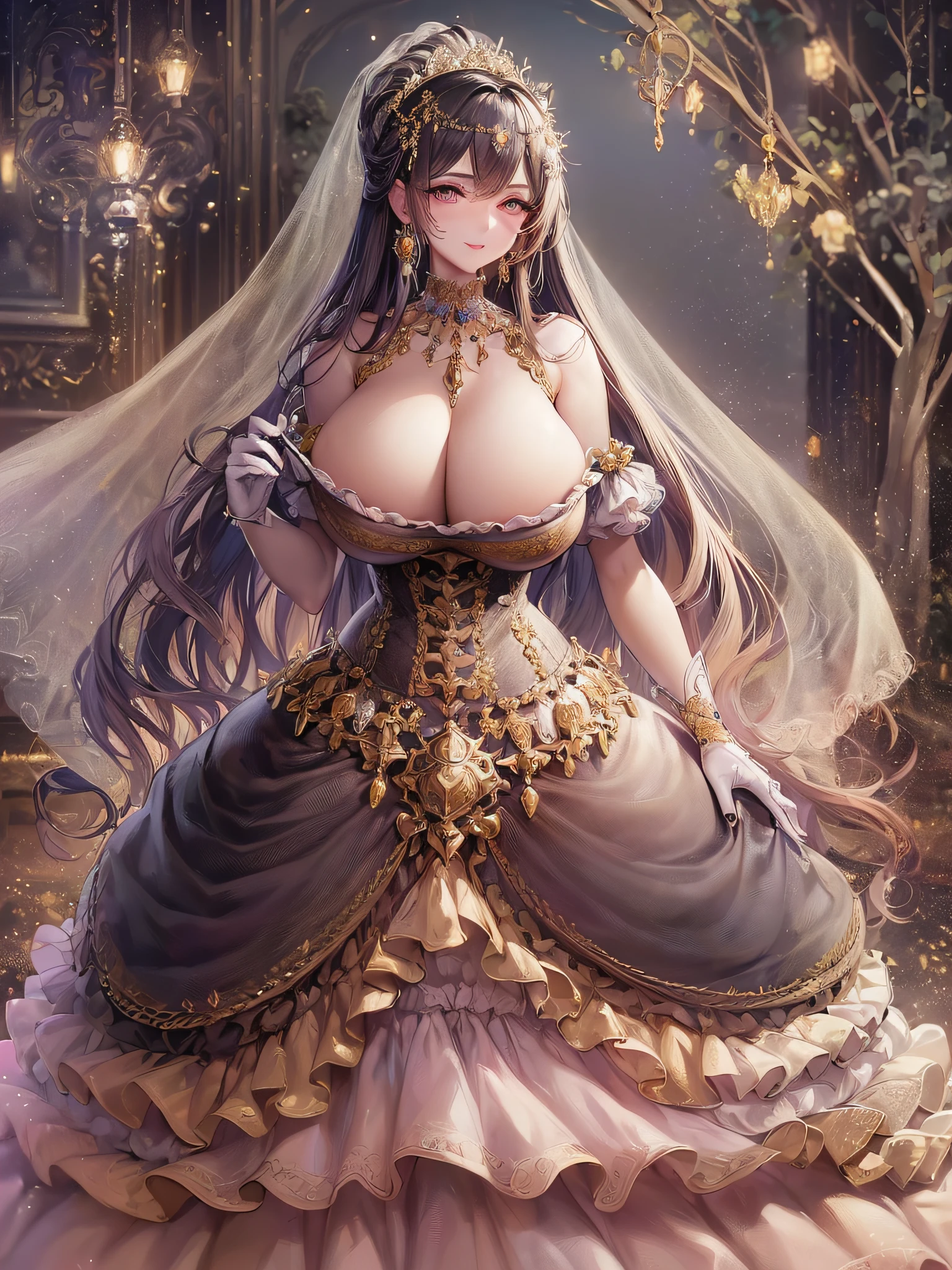 ((anime artstyle)),(Masterpiece),(Best Quality), (Super Detail),(Highly Detailed CG Unity 8k wallpaper),((Very Delicate and Beautiful)),cinematic lighting,1 girl,((full body portrait)),((standing in garden)),((solo)),(((1 fairytale princess in gorgeous embroidery and jeweled extremely gorgeous rococo princess ballgown with voluminous full length hoop skirt))),an hourglass waist,padded and corseted bodice,(((huge crinoline hoopskirt))),long train,((gorgeous embroidery and jeweled)),voluminous frills,See-through,(((extremely gigantic tits,skindentation))),cleavage,((absurdly Long Straight Hair,extremely voluminous Straight long Hair,absurdly Long Straight Hair)),(finely detailed face and eyes),(Blush,Smile),clear pupil,extremely gorgeousfull hair ornament,(bling-bling jeweled extremely gorgeousfull tiara),((bling-bling gorgeous gemstone jewelry)),gorgeous long veil,((ultra long gloves)),(beautiful background),(full body),((gorgeous embroidery and jeweled extremely gorgeous rococo princess ballgown with voluminous full length hoop skirt))