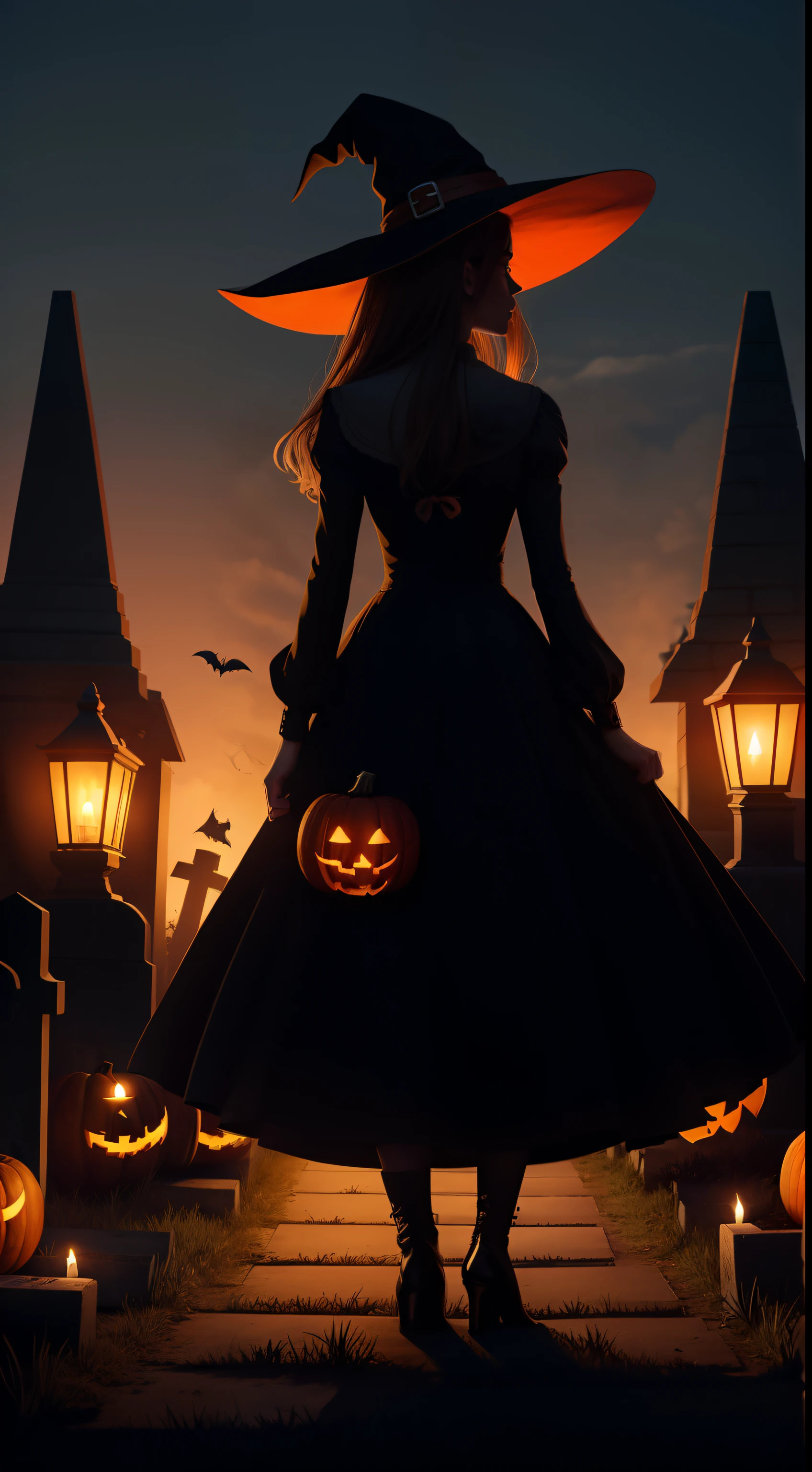 print for a halloween shirt, a witch with a pumpkin in a cemetery, dark colors