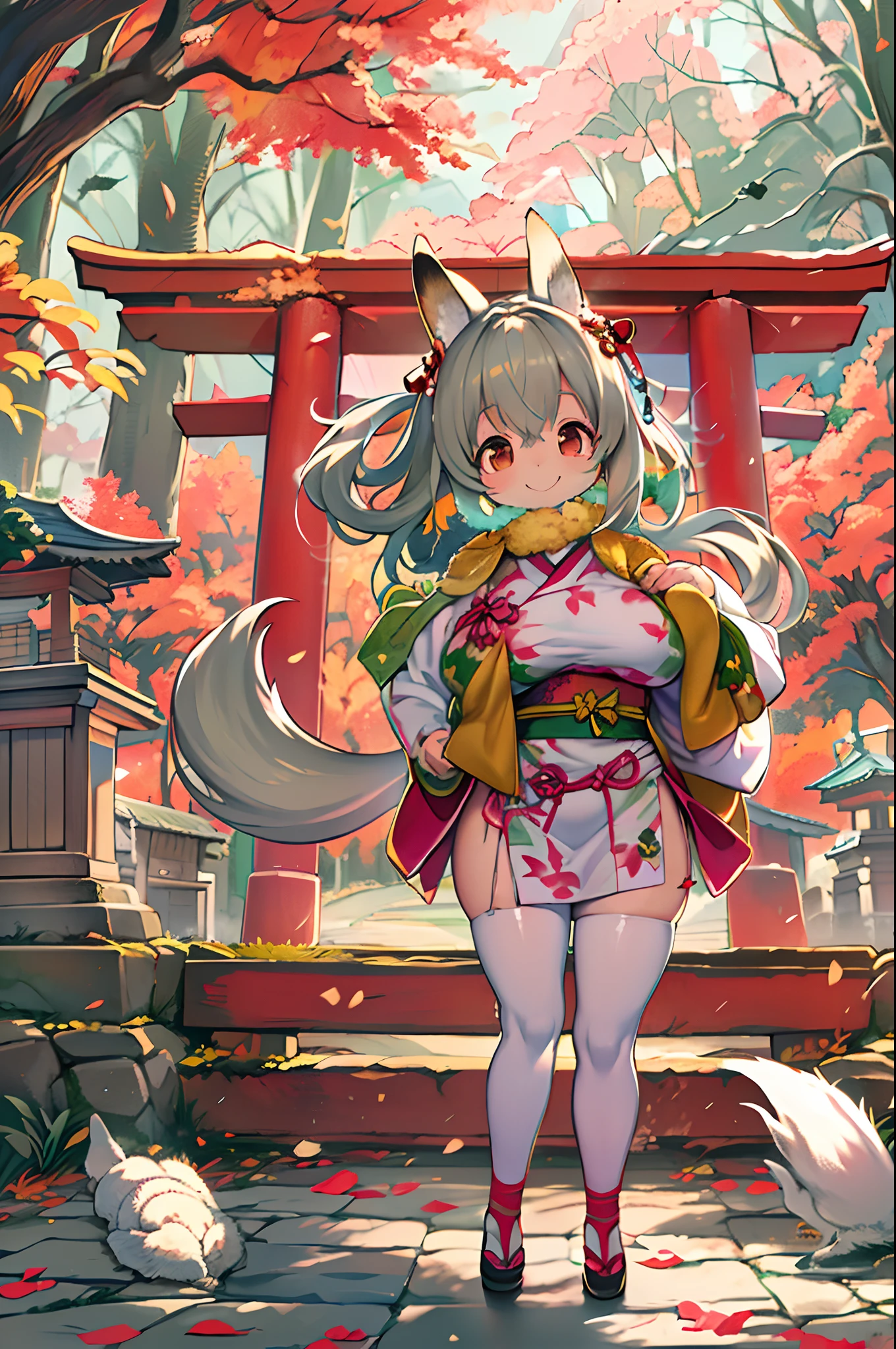 Fox Woman、body covered with fur、huge-breasted、kawaii、shrine maiden、Japan white clothes,Red Hakama、torii gate,((High Position))、A big smile、bbw、thick thight、big butts、Ultramammy,Chibi,Nanachi、Beautiful shrine scenery, autumn day,kaede、 Pines, Anime Background Art, japanese art style, beautiful anime scene, detailed scenery - width 672, Background art, Anime landscapes, Anime Background, Beautiful anime scenery, Beautiful peace scenes in anime, landscape artwork, Japan Village, Anime landscape concept art, 8K))、a lot of fallen leaves