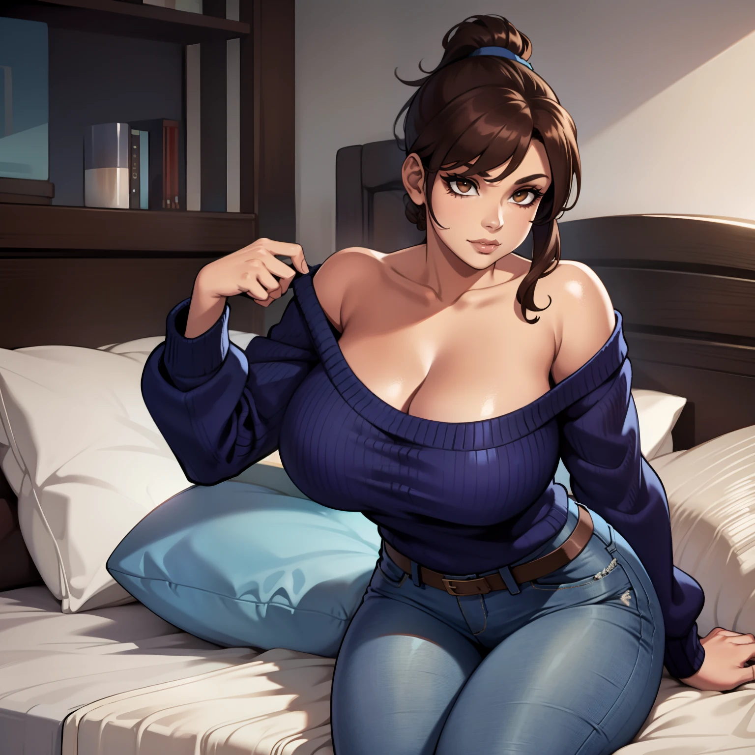 female, wearing blue low open button up sweater with tight jeans, brown ponytail haircut, has brown eyes, showing cleavage, relaxing on bed, blue sweater, solo, alone (SOLO)(ALONE)