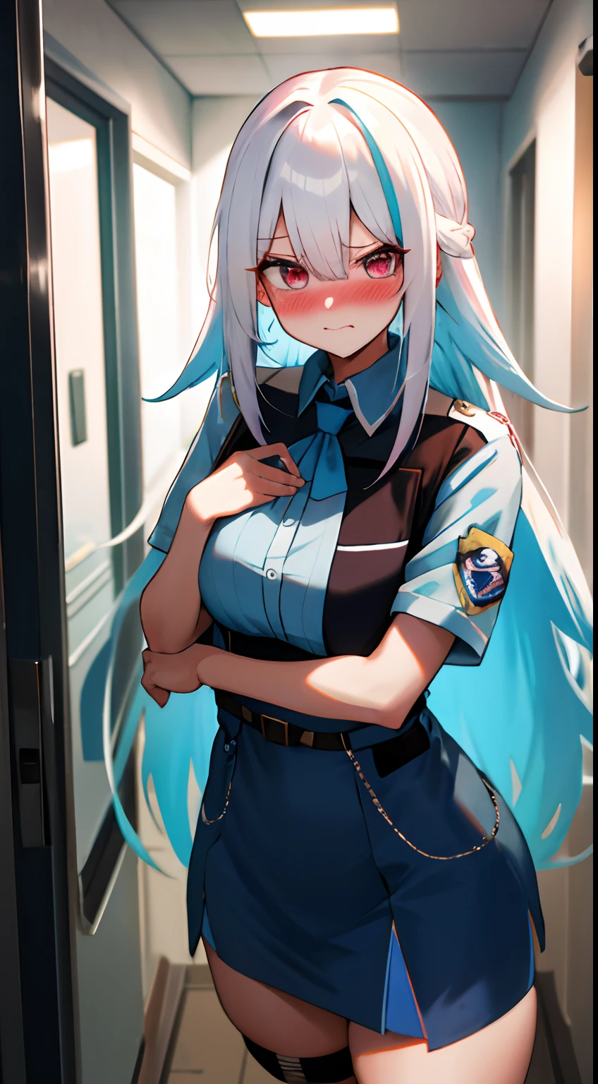One girl with long hair, white hair, looking at viewer, embarrassed, blushing, indoor , police cosplay, police dress, thigh, standing, sexy pose, perfect waist