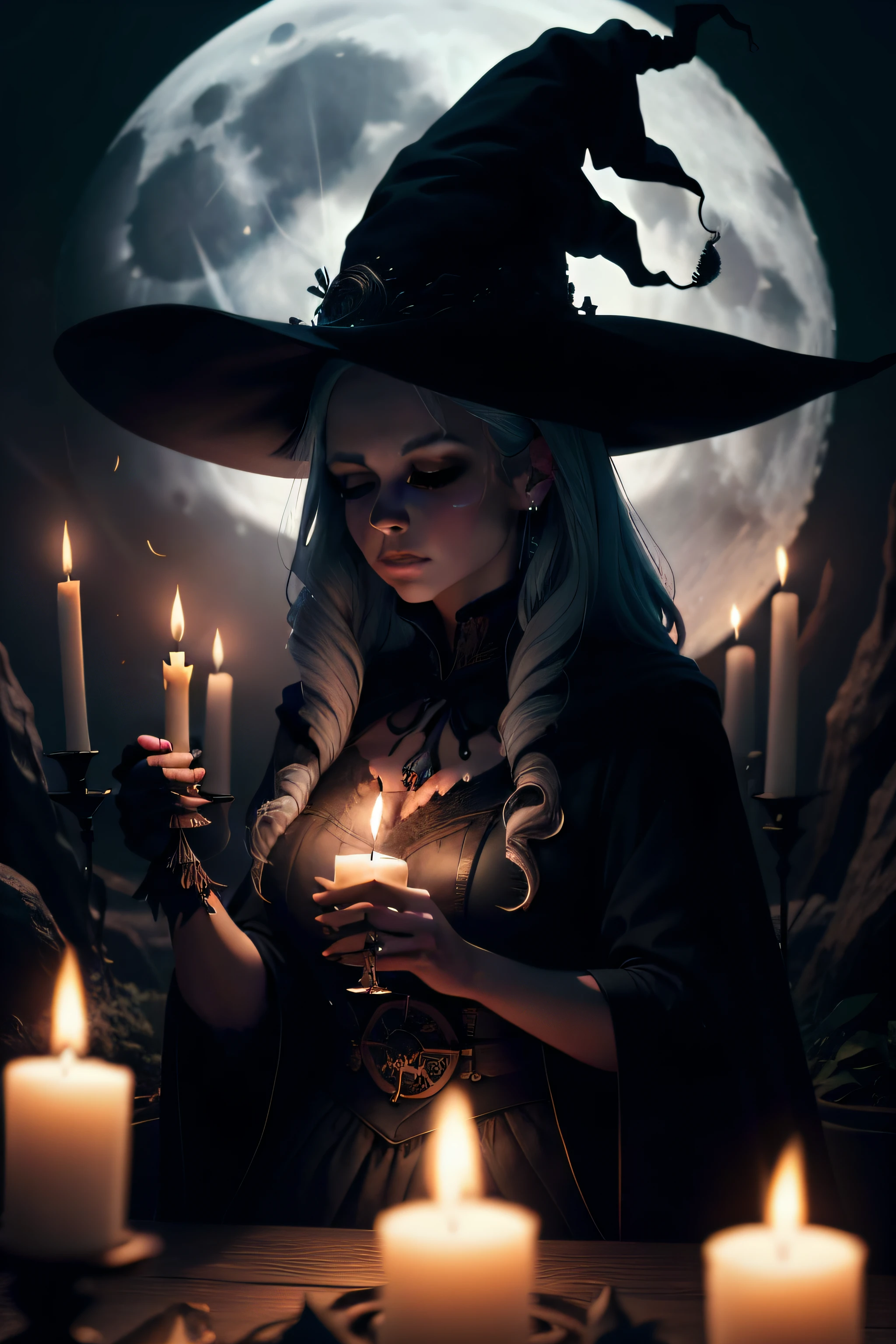 Witching Hour Ritual: An image of a witch silhouette against a full moon, surrounded by magical symbols, herbs, and glowing candles, invoking an air of mystical energy.