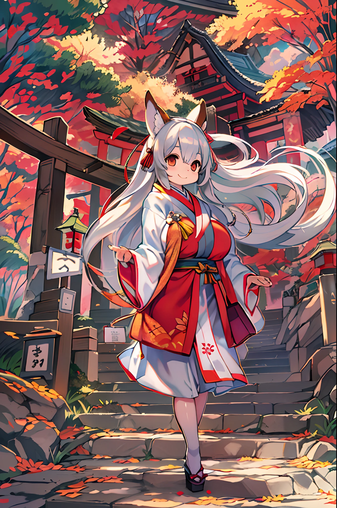 Fox Woman、body covered with fur、huge-breasted、kawaii、shrine maiden、Japan white clothes,Red Hakama、torii gate,((High Position))、A big smile、bbw、thick thight、big butts、Ultramammy,Chibi,Nanachi、Beautiful shrine scenery, autumn day,kaede、 Pines, Anime Background Art, japanese art style, beautiful anime scene, detailed scenery - width 672, Background art, Anime landscapes, Anime Background, Beautiful anime scenery, Beautiful peace scenes in anime, landscape artwork, Japan Village, Anime landscape concept art, 8K))、a lot of fallen leaves
