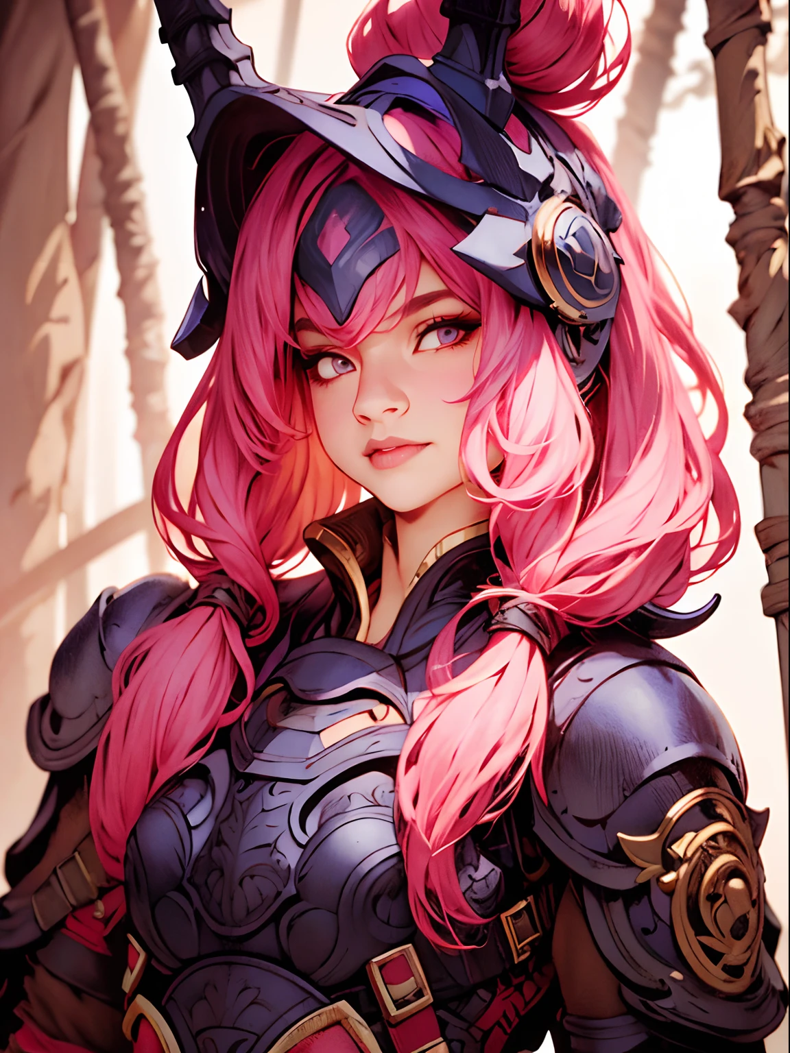 (best quality,highres:1.2), ultra-detailed, (realistic:1.37) portrait, aesthetic girl with pink hair, elegant bun, stunning sharp jawline, voluptuous round breasts, wearing samurai armor consisting of a chest plate, shoulder guards, arm guards, and leg guards. The armor is intricately designed with beautiful engravings and embellishments. The girl exudes strength and grace, embodying the spirit of a samurai. She wears a traditional samurai helmet adorned with feathers and intricate patterns. The poster showcases vibrant and vivid colors, with a focus on pink hues to complement the girl's hair. The lighting is expertly done, casting dramatic shadows and highlighting the girl's features. The overall scene has a surreal and dreamlike quality, adding to the aesthetic appeal.