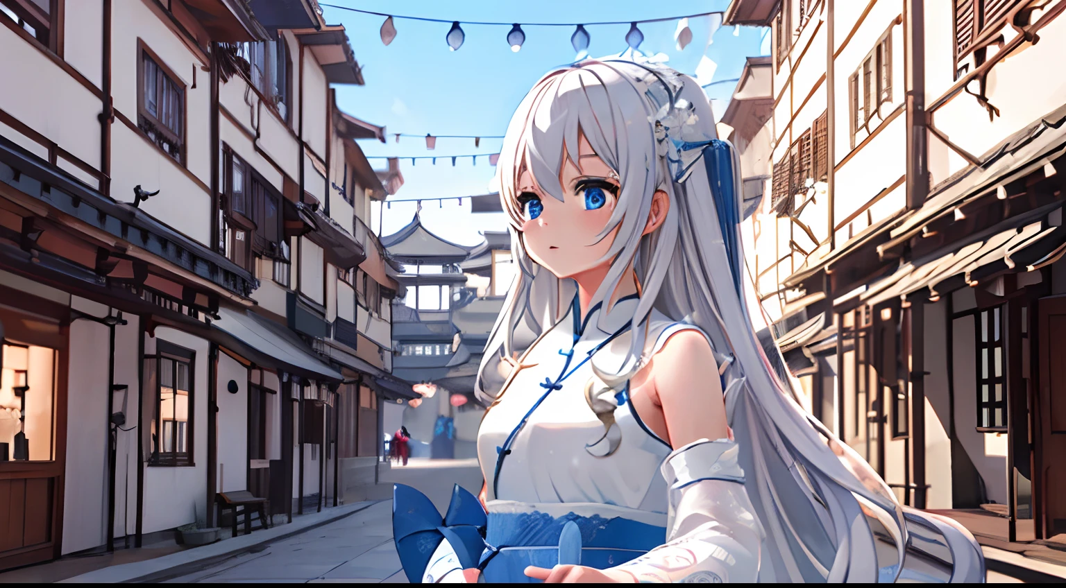 ((Best quality)), ((Masterpiece)), ((Ultra-detailed)), (illustration), (Detailed light), (An extremely delicate and beautiful),A charming young girl,long  white hair,Blue sky,(Chinese Garden),(Sword dance)