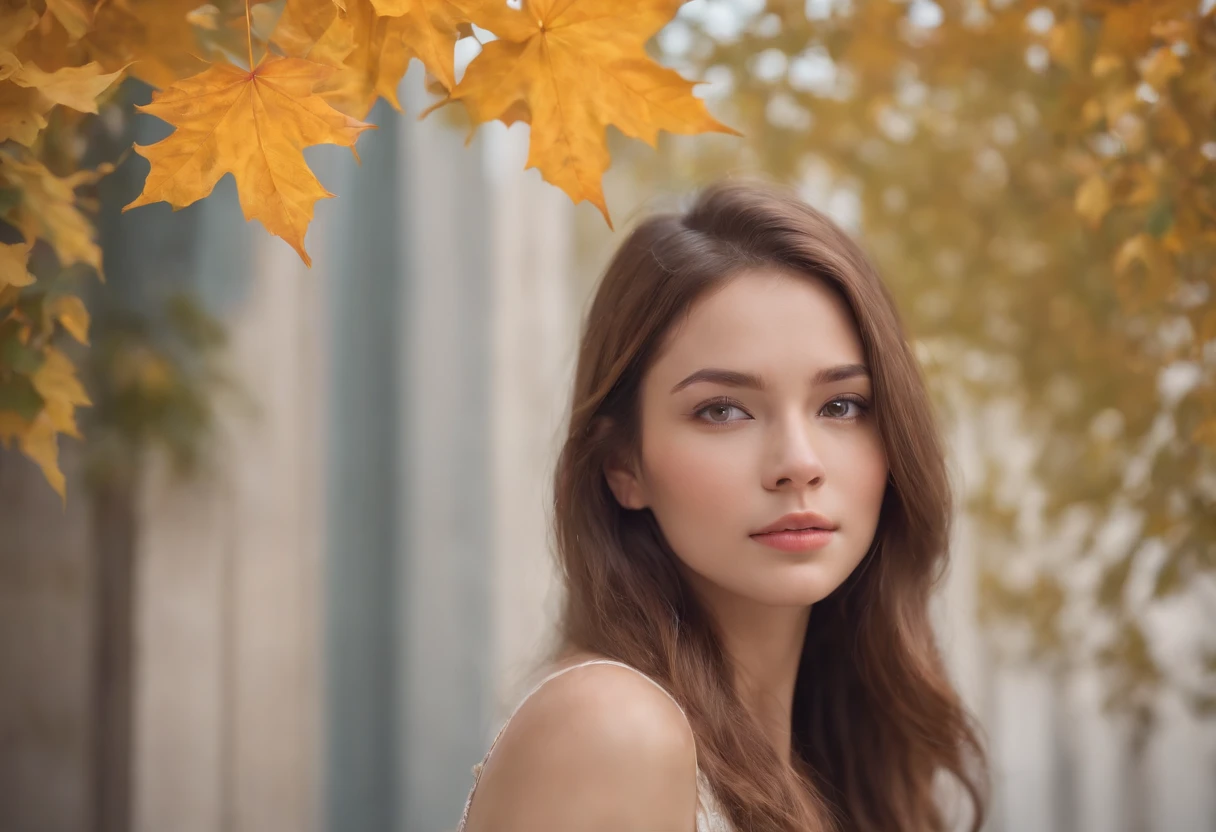 a girl with maple leaves mural, grafitti, upwon, uraban wall mural graffiti, street art 8 k, long hair blowing in the wind, (high quality:1.2), dynamic expression, soft color, volumetric light, (masterpiece), (intricate details), (hyperdetailed), highly detailed, lot of details, high quality, cinematic lighting, detailed texture, dynamic creative wall mural, long shot, wide view