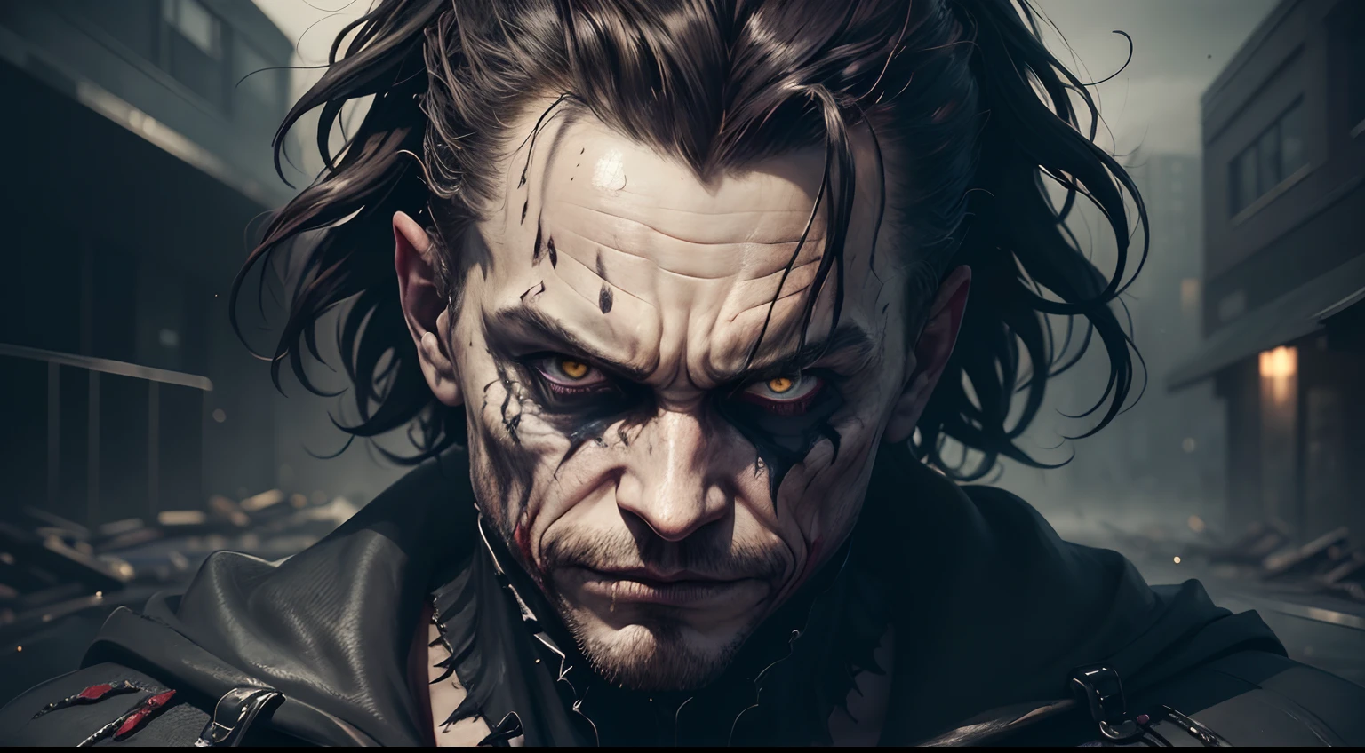 (best quality,4k,8k,highres,masterpiece:1.2),ultra-detailed,(realistic,photorealistic,photo-realistic:1.37),Heath Ledger as Joker,Joker makeup and costume,gloomy atmosphere,dark and mysterious setting,intense expression,haunting eyes,sinister smile,disturbed personality,maniacal laughter,chaotic city backdrop,dark and vibrant colors,creepy lighting,gritty texture,emotional depth,psychological thriller theme,vivid and exaggerated facial features,crazy and unpredictable behavior,sinister presence,ominous music,gritty urban environment,symbolic playing cards,menacing and surreal visuals,distorted reality,ambiguous morality,psychological torment,expressive body language,mesmerizing performances,macabre nature,batman's nemesis.