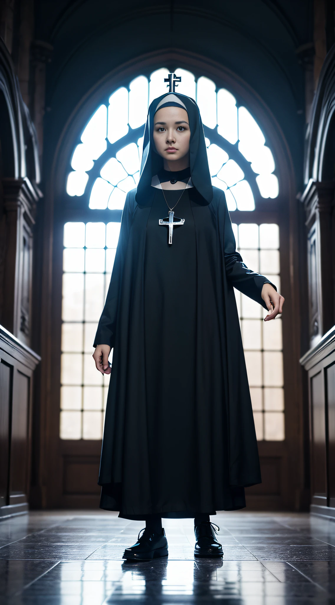 （（（The nuns wear full nun caps in the church））），（（Clothing that exposes））Clothes and skin are soaked all over，（wetclothes：1.9），Reflective skin，Sweaty skin，Works of masters，Best image quality，Higher quality，high detal，超高分辨率，8K分辨率，perfect hand，full body shot shot，Exquisite facial features，s the perfect face（真实感：1.4），