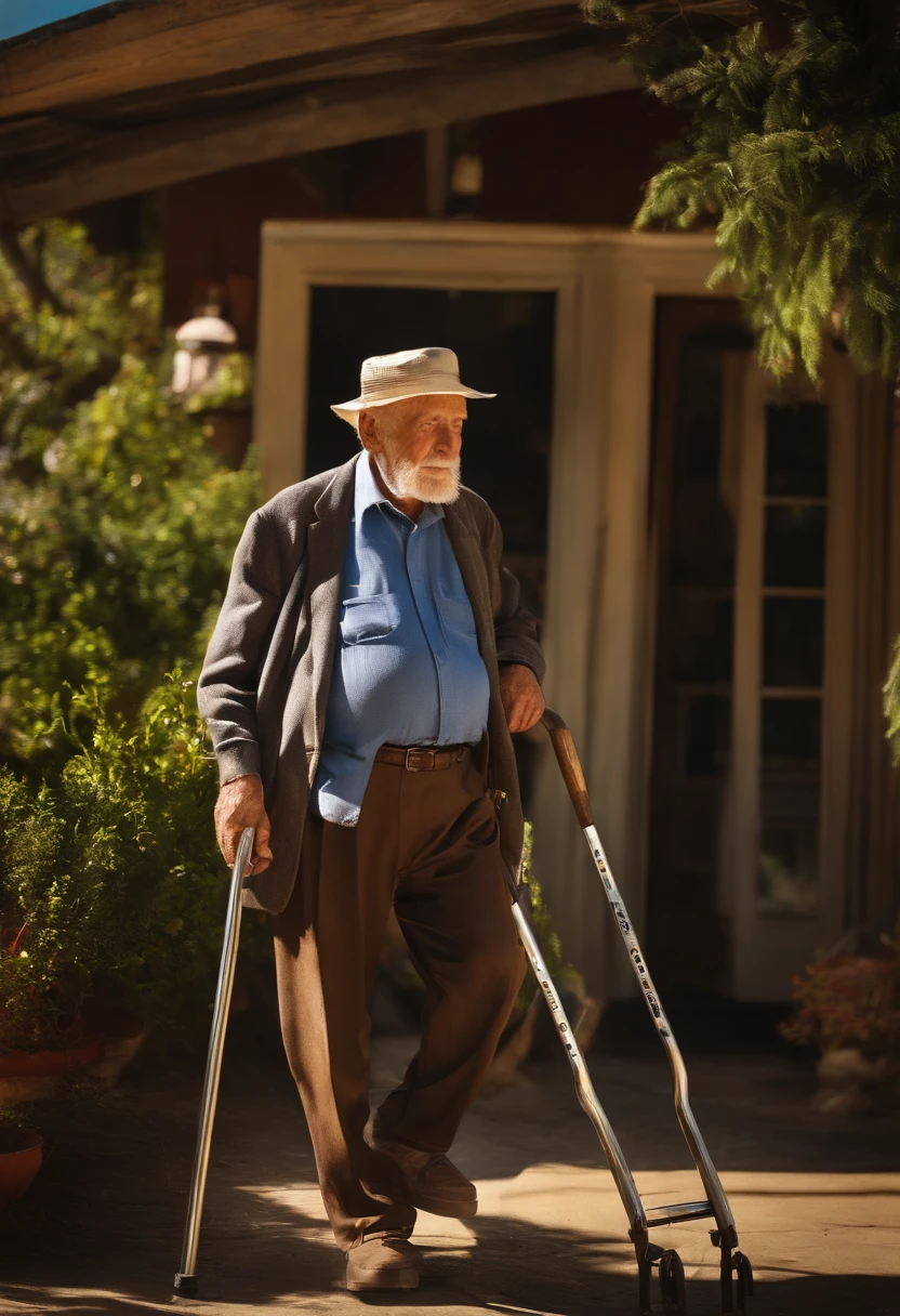 The old man is on crutches basking in the sun