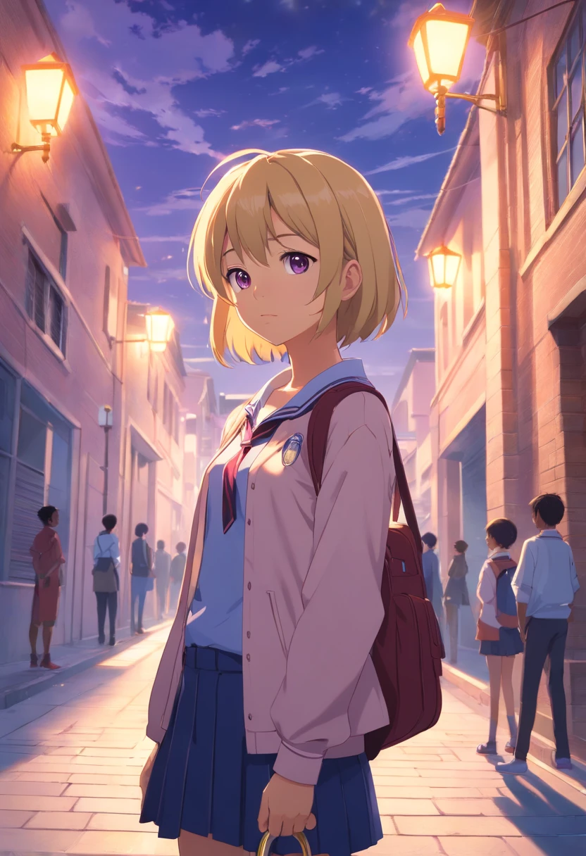 "Teenage girl, brown skin, of African-American descent, short blonde hair at shoulder length, violet eyes, wearing a magic school uniform, holding a mystical scepter to channel her magic. She has a sad expression. She is in the school courtyard, with students visible in the background; blur them to make the girl stand out."